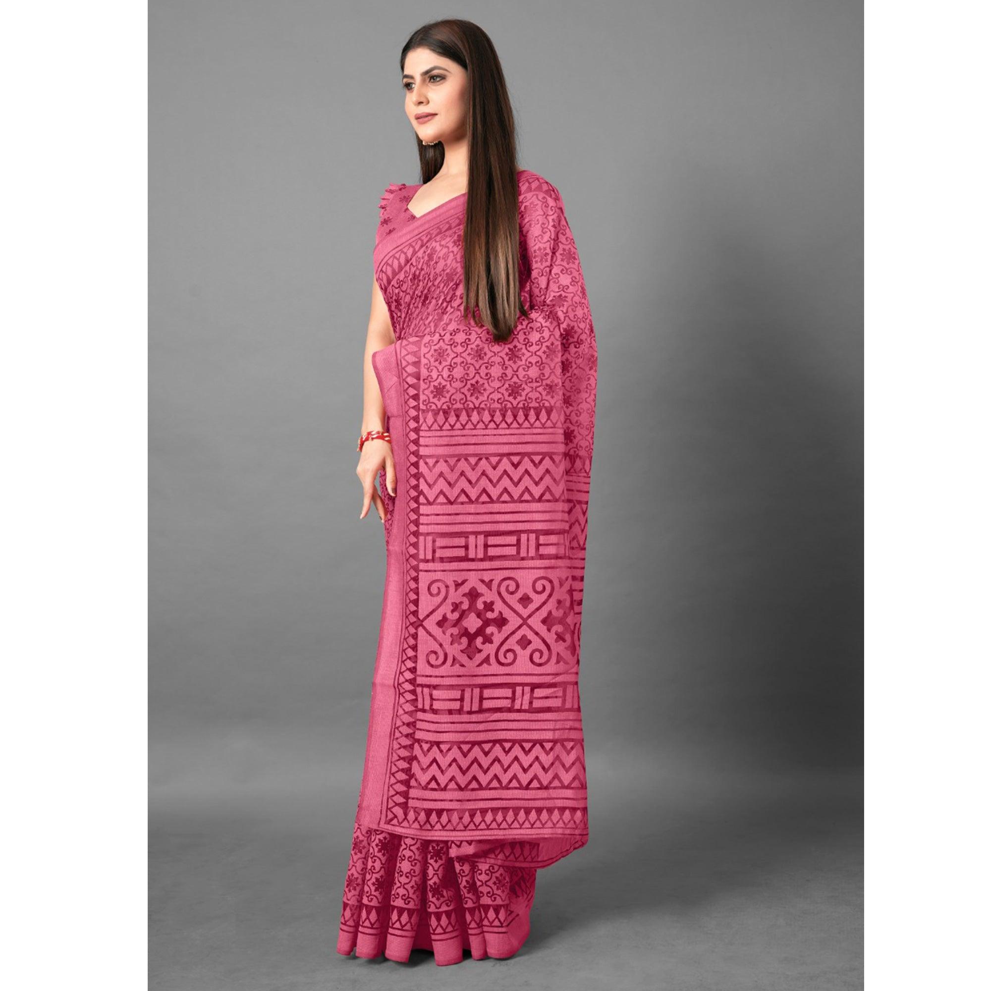 Pink Casual Wear Floral Brasso Saree - Peachmode
