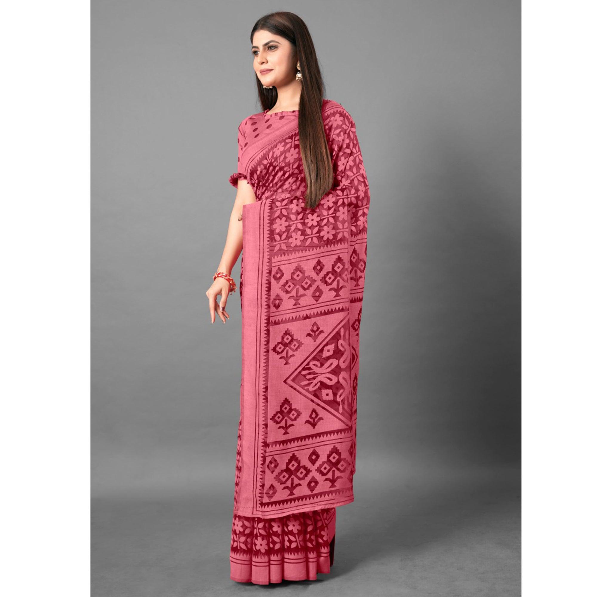 Pink Casual Wear Floral Brasso Saree - Peachmode