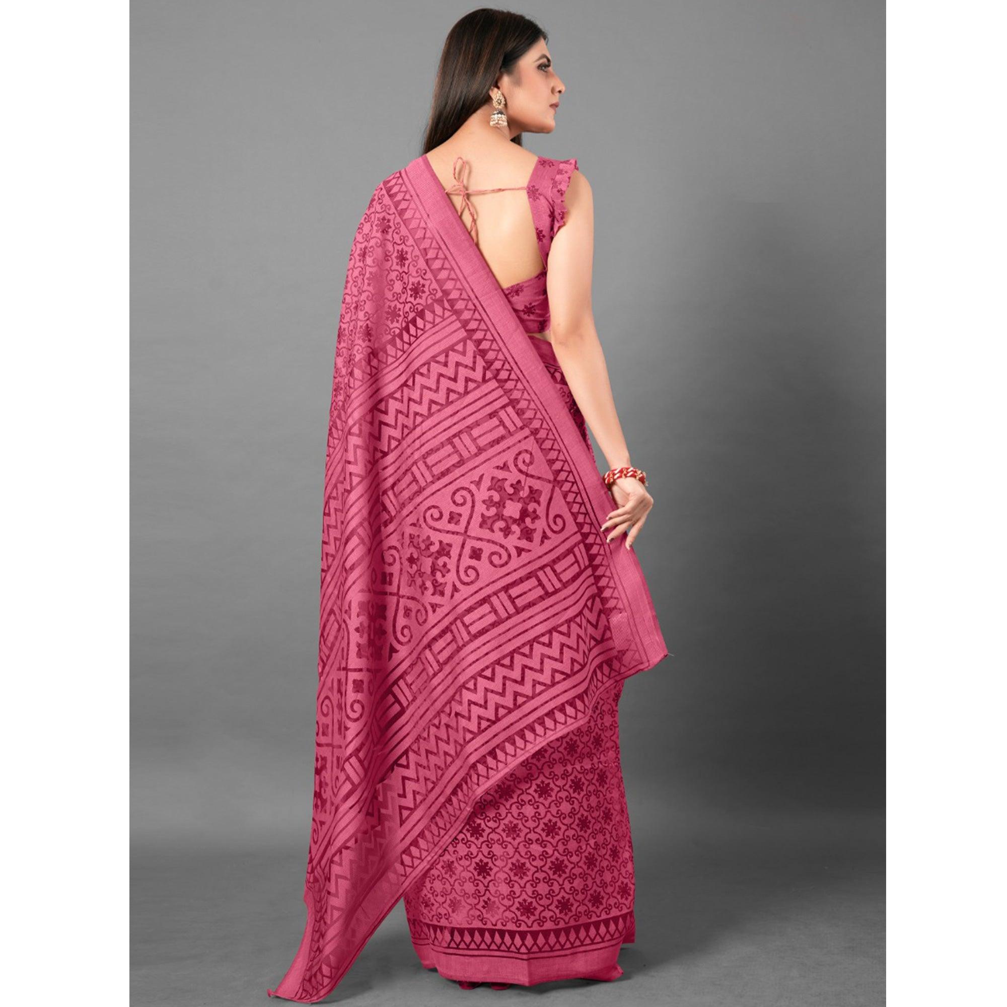 Pink Casual Wear Floral Brasso Saree - Peachmode