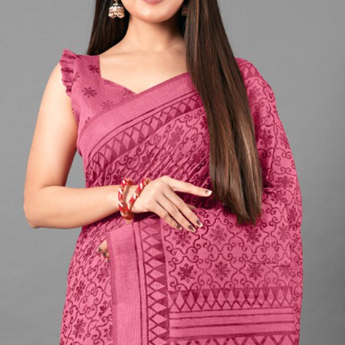 Pink Casual Wear Floral Brasso Saree - Peachmode