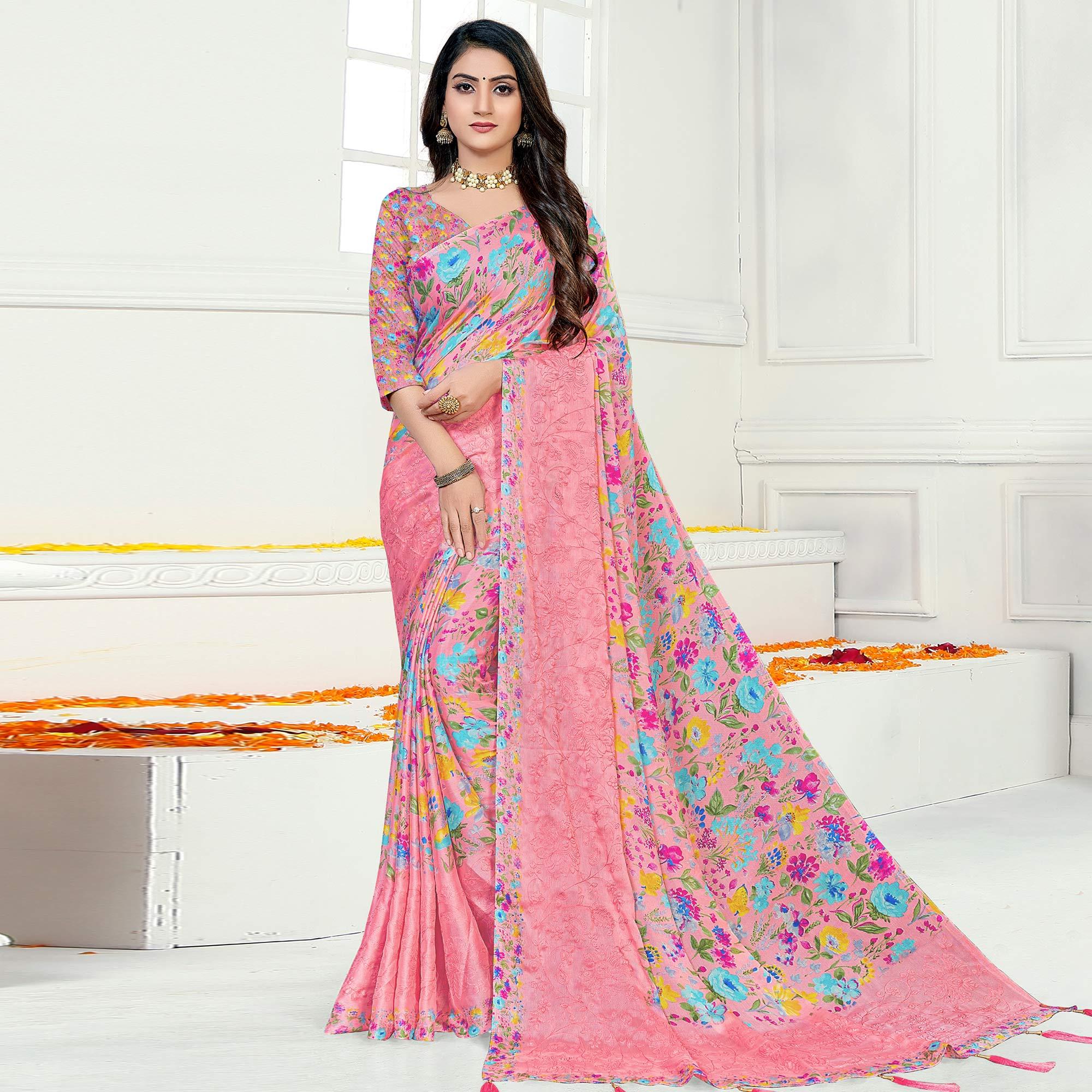 Pink Casual Wear Floral Digital Printed Chiffon Saree - Peachmode
