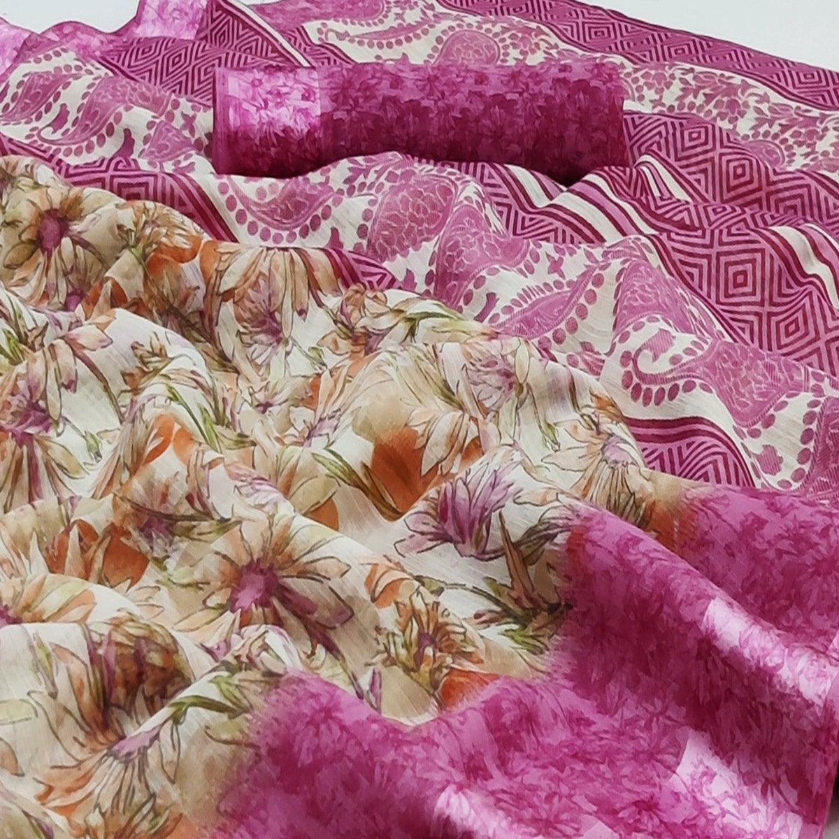 Pink Casual Wear Floral Digital Printed Pure Linen Saree Satin Border - Peachmode