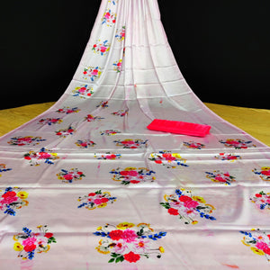 Pink Casual Wear Floral Digital Printed Satin Saree - Peachmode