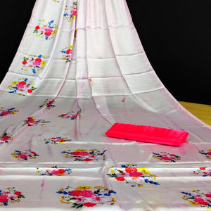 Pink Casual Wear Floral Digital Printed Satin Saree - Peachmode