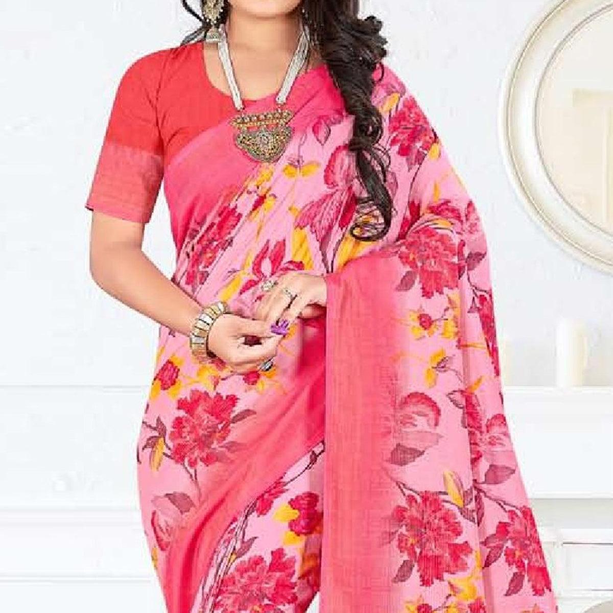Pink Casual Wear Floral Digital Printed Soft Silk Saree - Peachmode