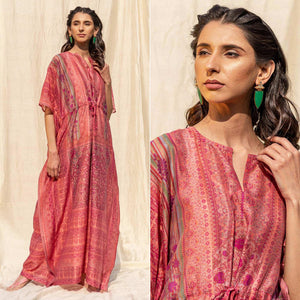 Pink Casual Wear Floral Digtial Printed Silk Kaftan Kurti - Peachmode