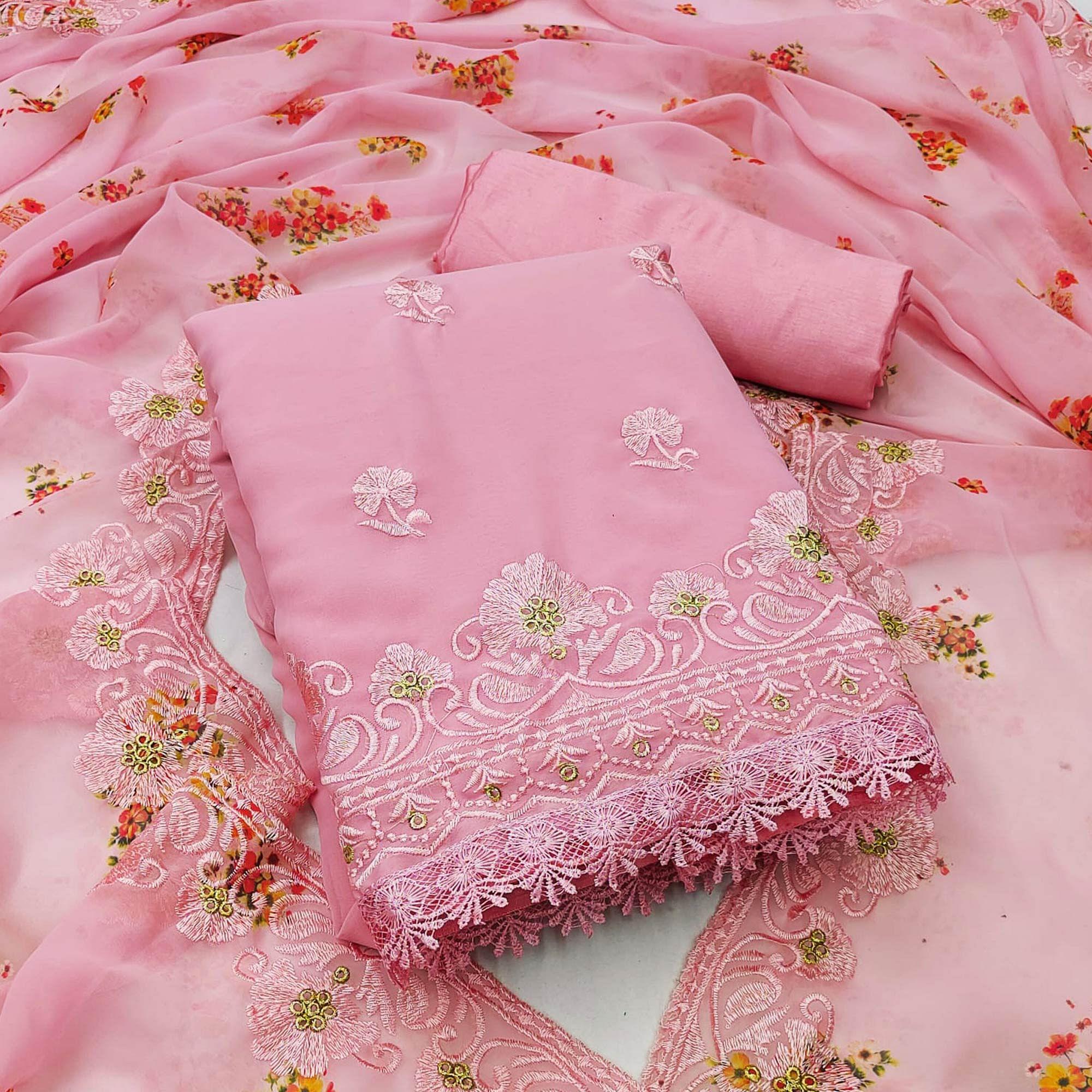 Pink Casual Wear Floral Embroidered Georgette Dress Material - Peachmode