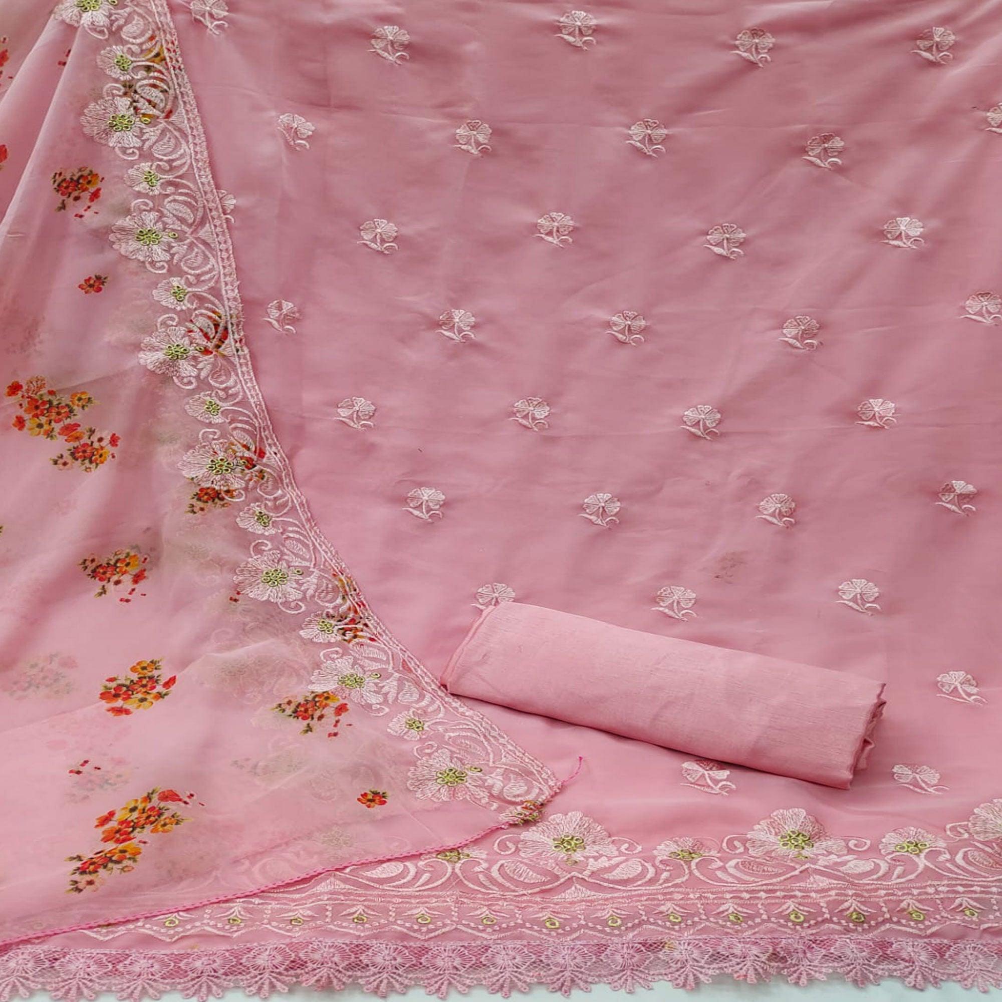 Pink Casual Wear Floral Embroidered Georgette Dress Material - Peachmode