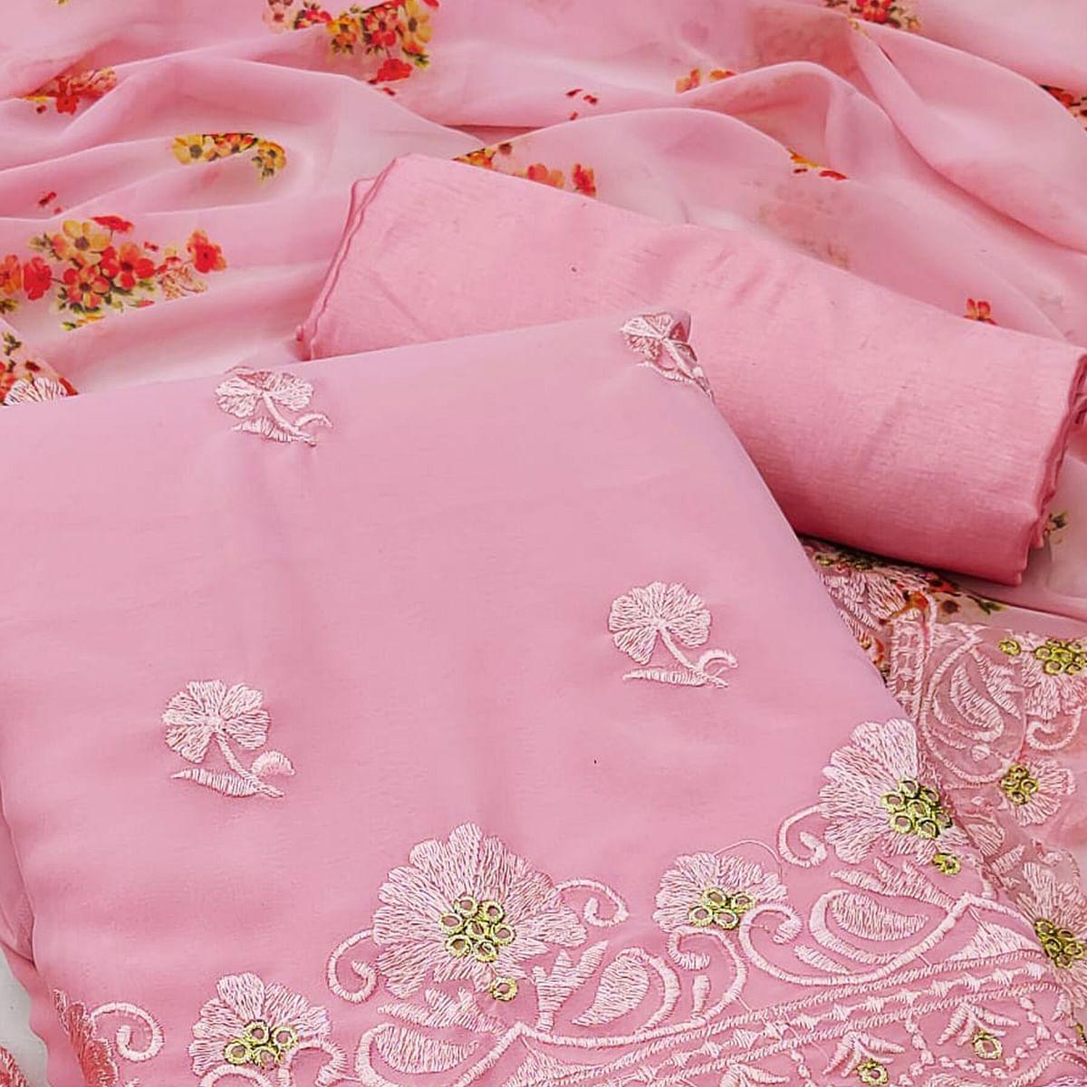 Pink Casual Wear Floral Embroidered Georgette Dress Material - Peachmode