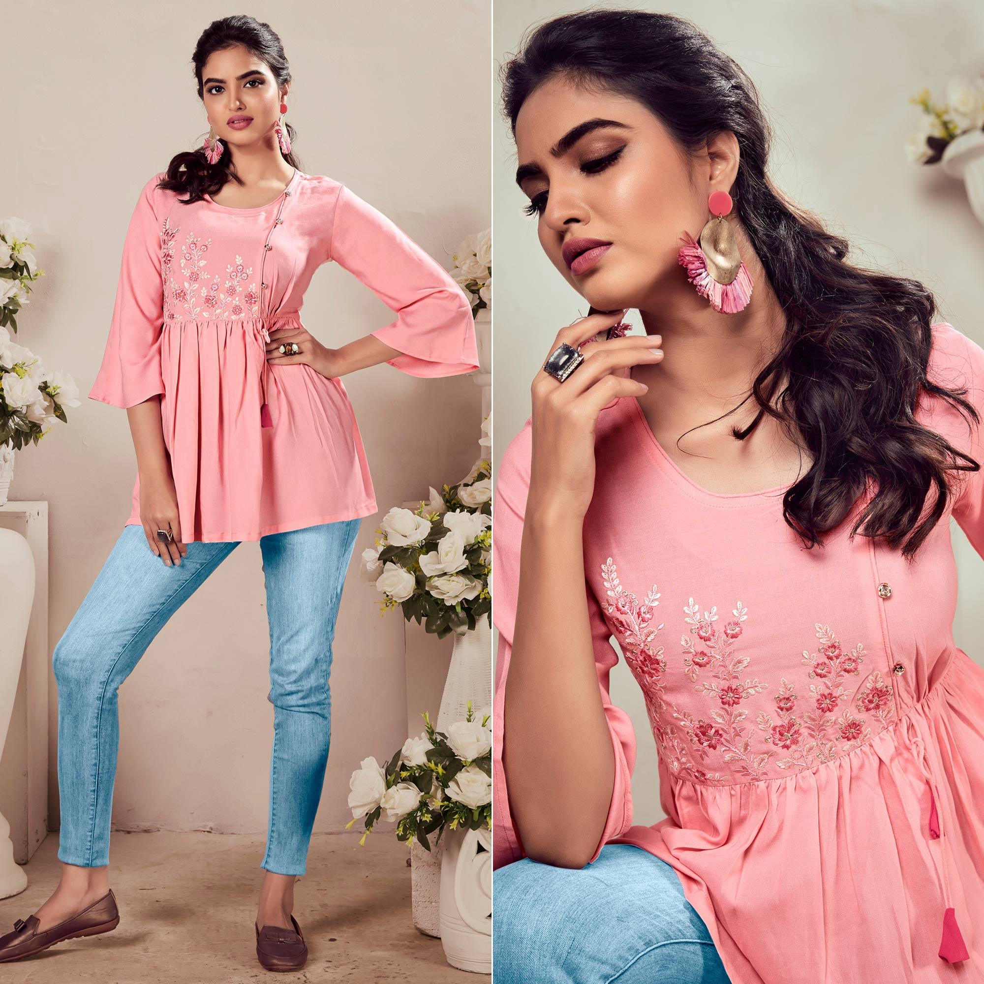 Pink Casual Wear Floral Embroidered Rayon Top - Peachmode