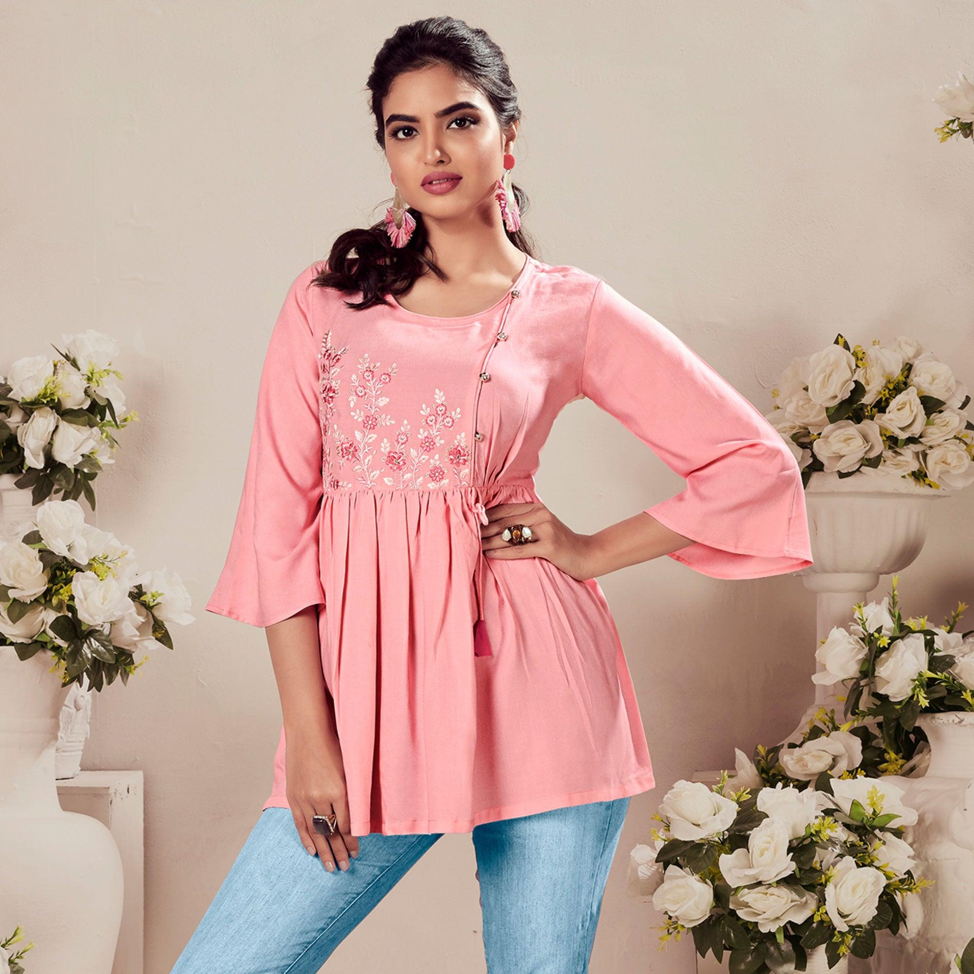 Pink Casual Wear Floral Embroidered Rayon Top - Peachmode