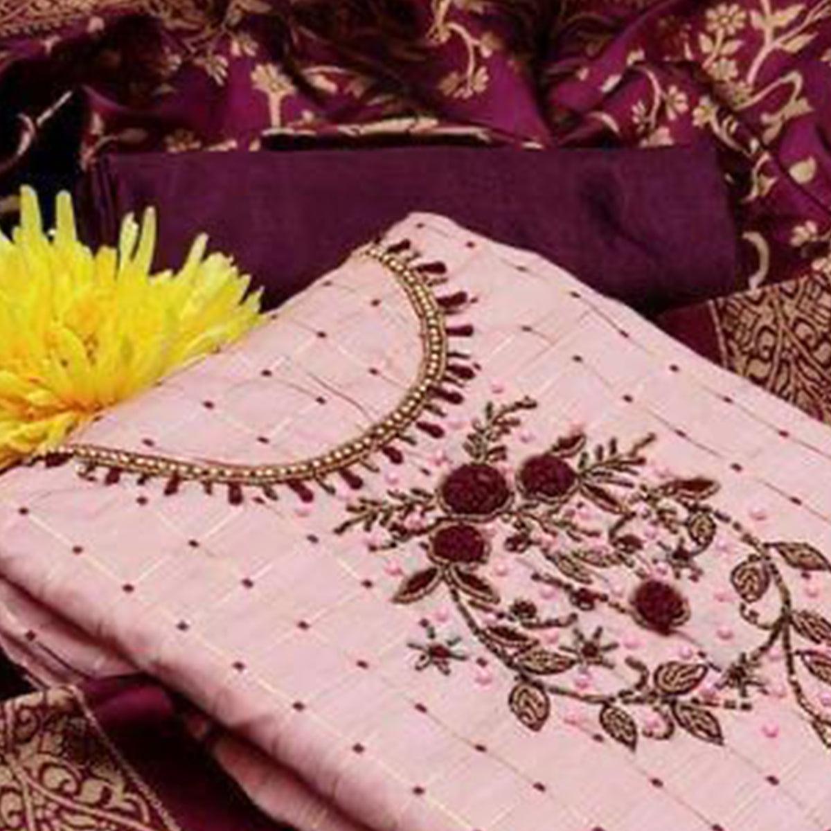 Pink Casual Wear Floral Embroidered With Checks Banarasi Silk Dress Material - Peachmode
