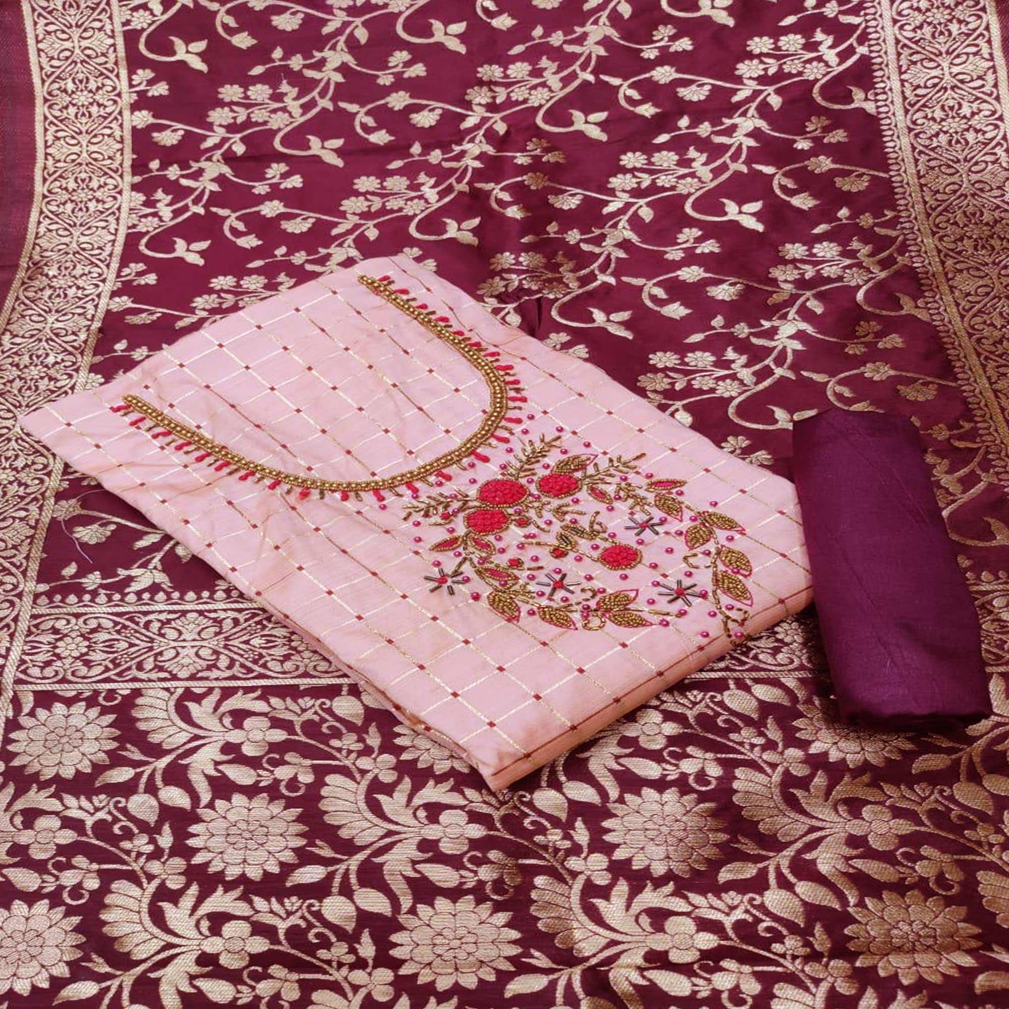 Pink Casual Wear Floral Embroidered With Checks Banarasi Silk Dress Material - Peachmode