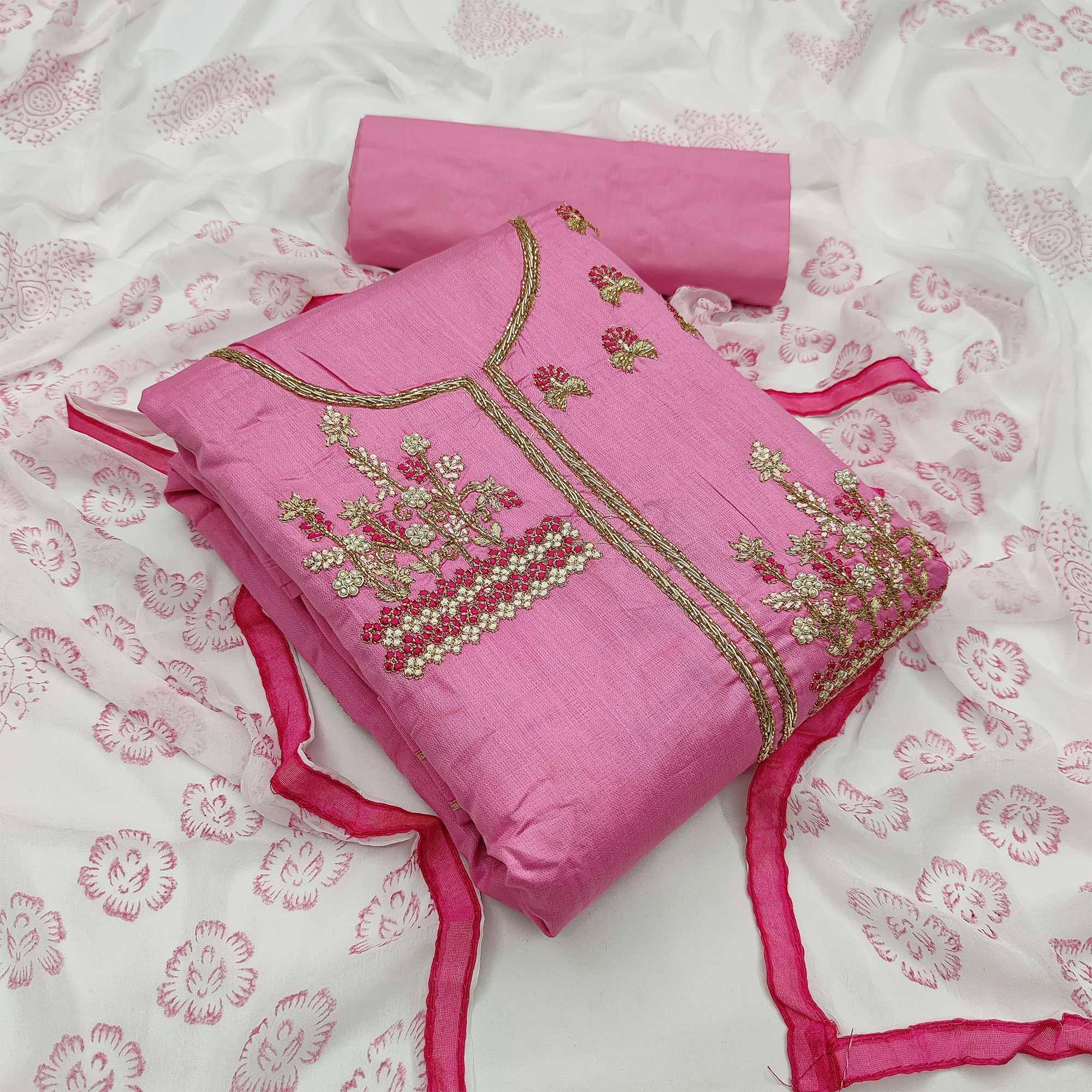 Pink Casual Wear Floral Embroidery With Hand Work Cotton Dress Material - Peachmode
