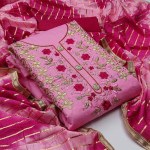 Pink Casual Wear Floral Embroidery With Hand Work Cotton Dress Material - Peachmode