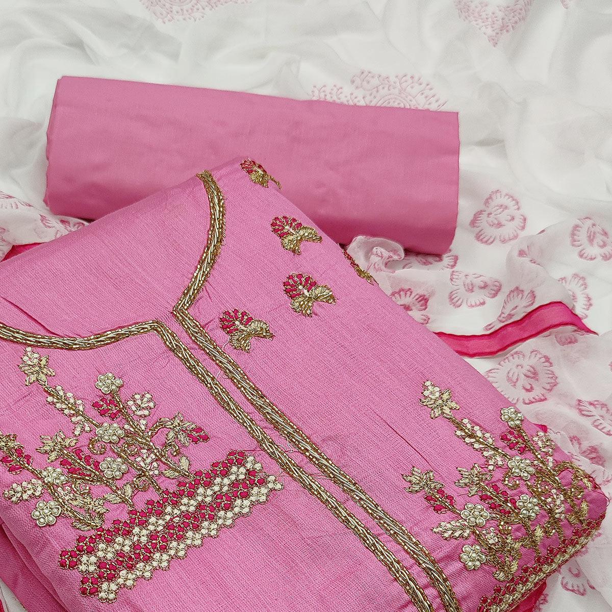 Pink Casual Wear Floral Embroidery With Hand Work Cotton Dress Material - Peachmode