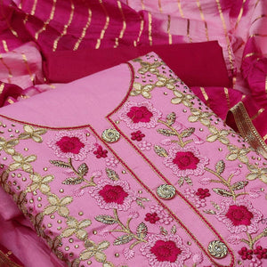 Pink Casual Wear Floral Embroidery With Hand Work Cotton Dress Material - Peachmode