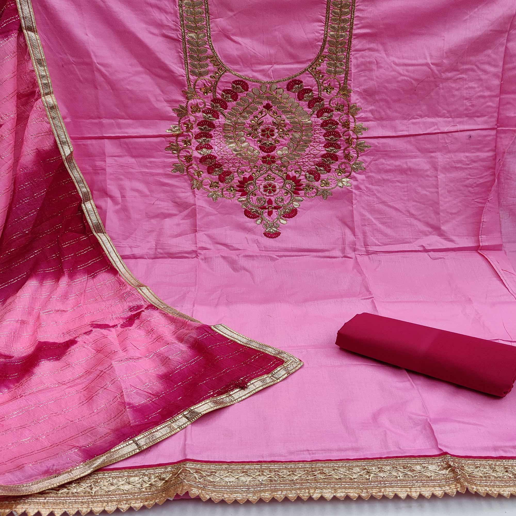 Pink Casual Wear Floral Embroidery With Hand Work Cotton Dress Material - Peachmode