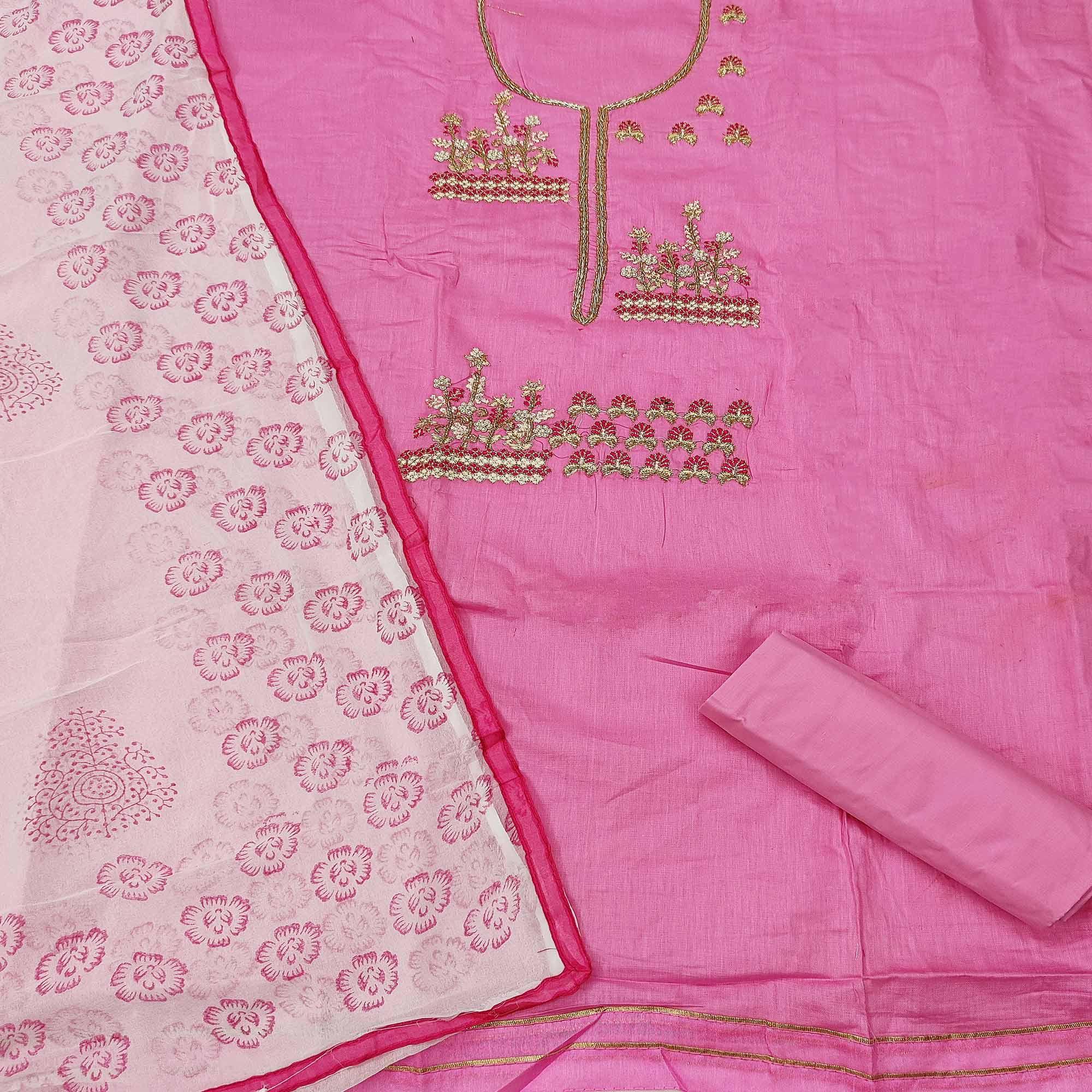 Pink Casual Wear Floral Embroidery With Hand Work Cotton Dress Material - Peachmode