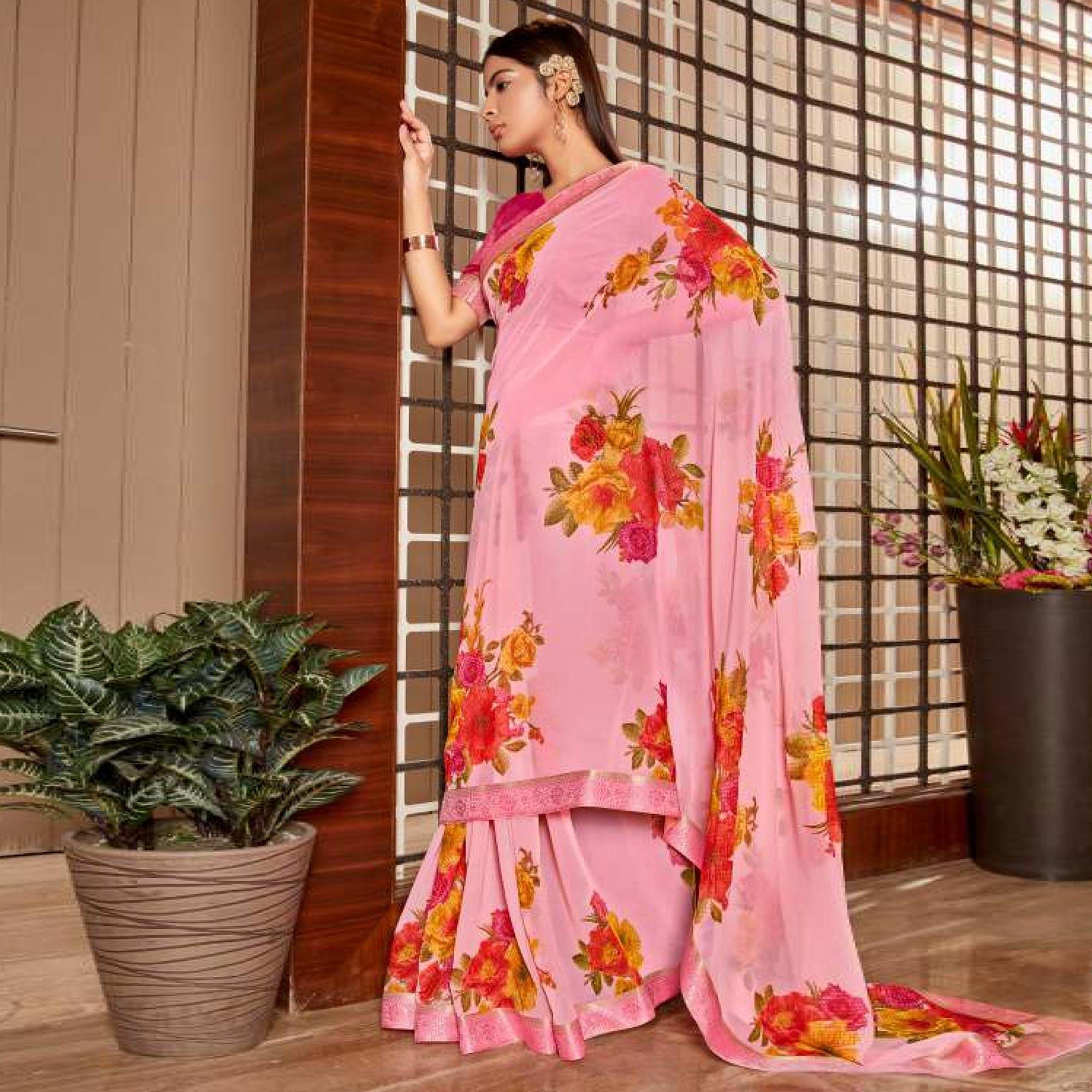 Pink Casual Wear Floral Foil Printed Pure Georgette Saree - Peachmode