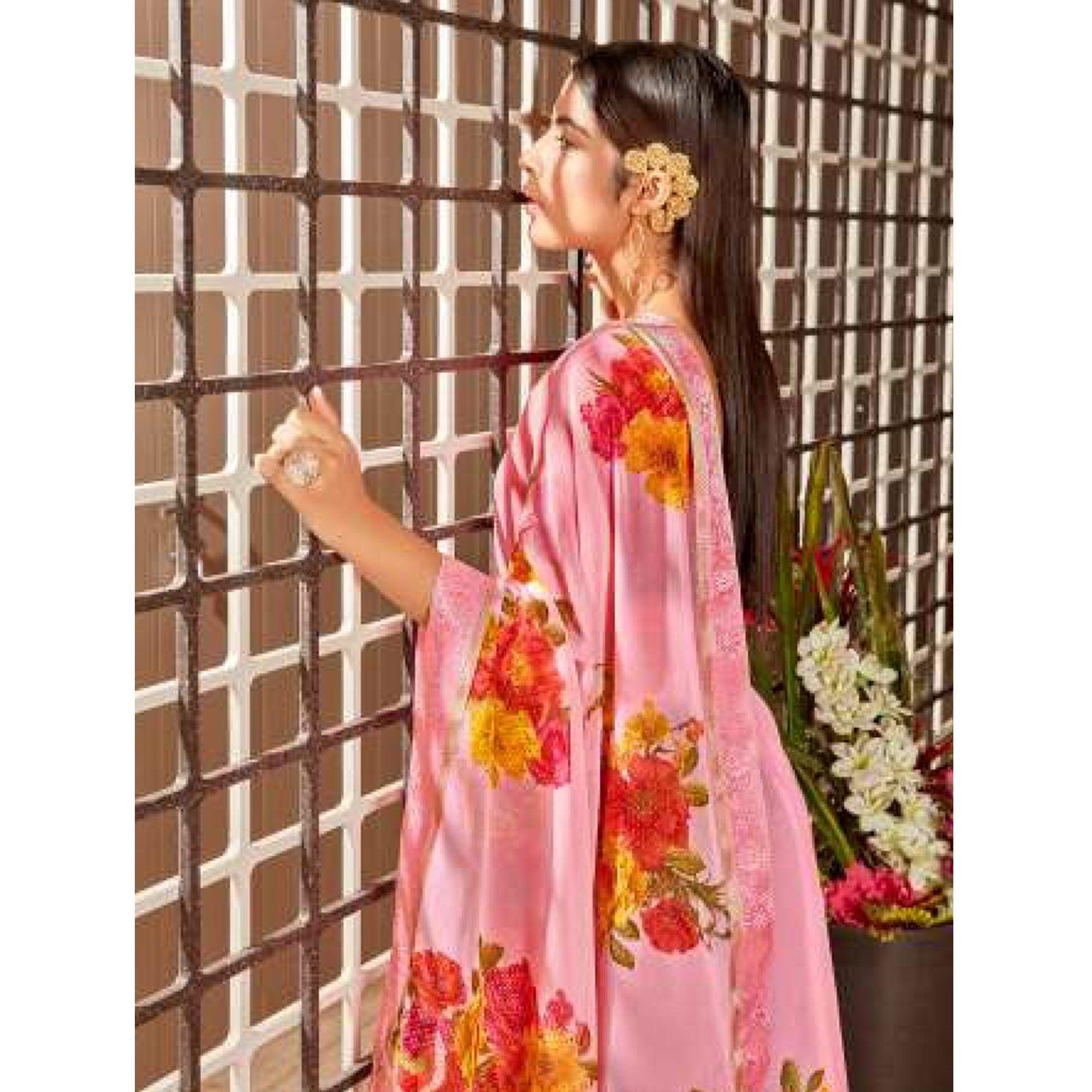 Pink Casual Wear Floral Foil Printed Pure Georgette Saree - Peachmode