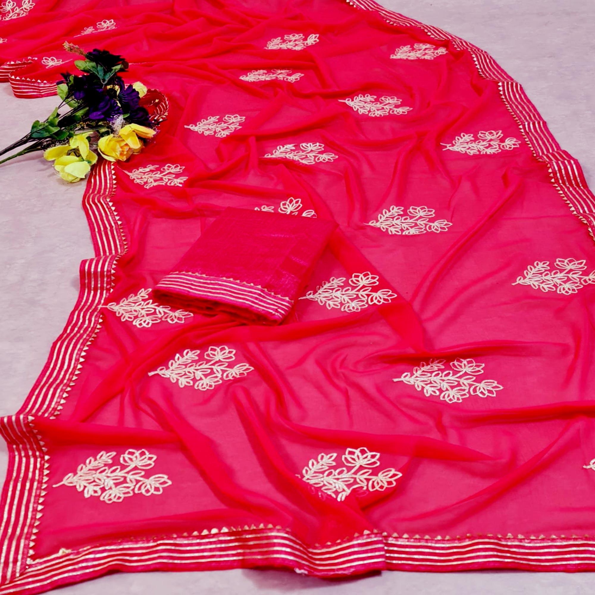 Pink Casual Wear Floral Gotta Work Chiffon Saree - Peachmode