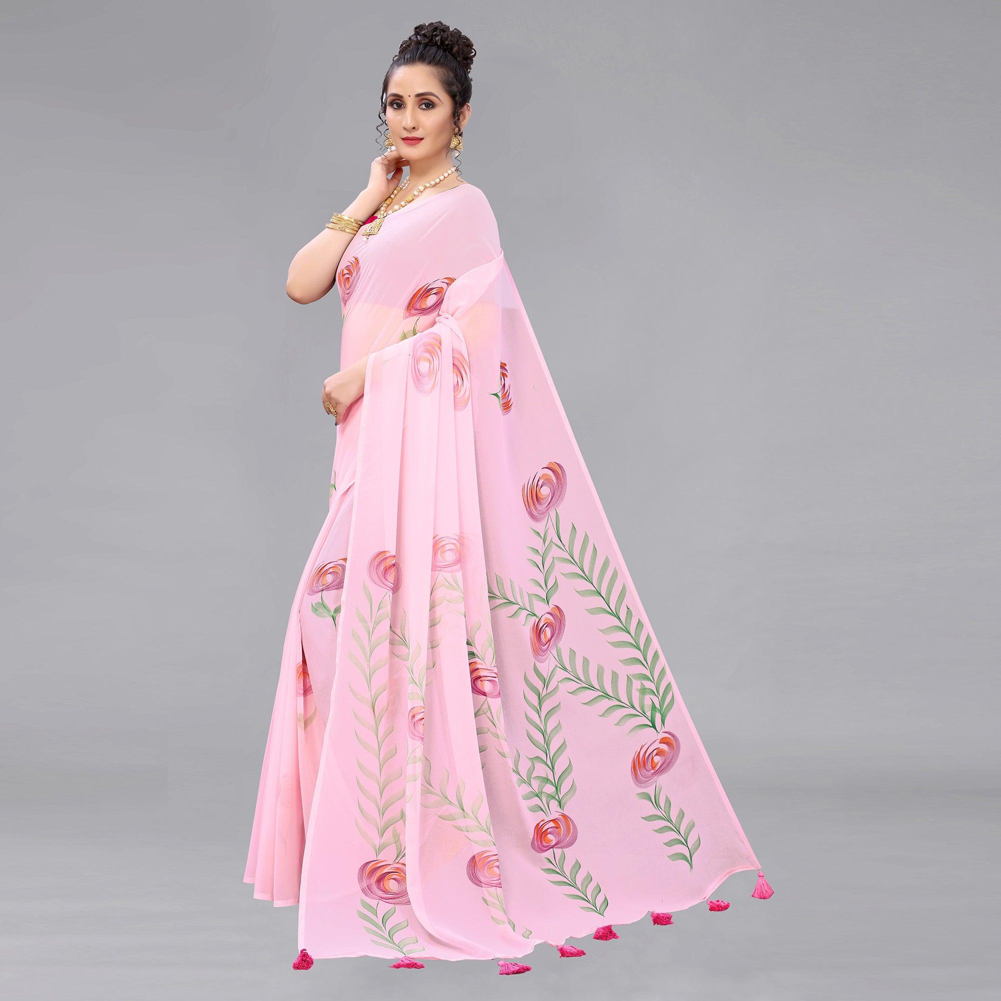 Pink Casual Wear Floral Hand Printed Georgette Saree - Peachmode