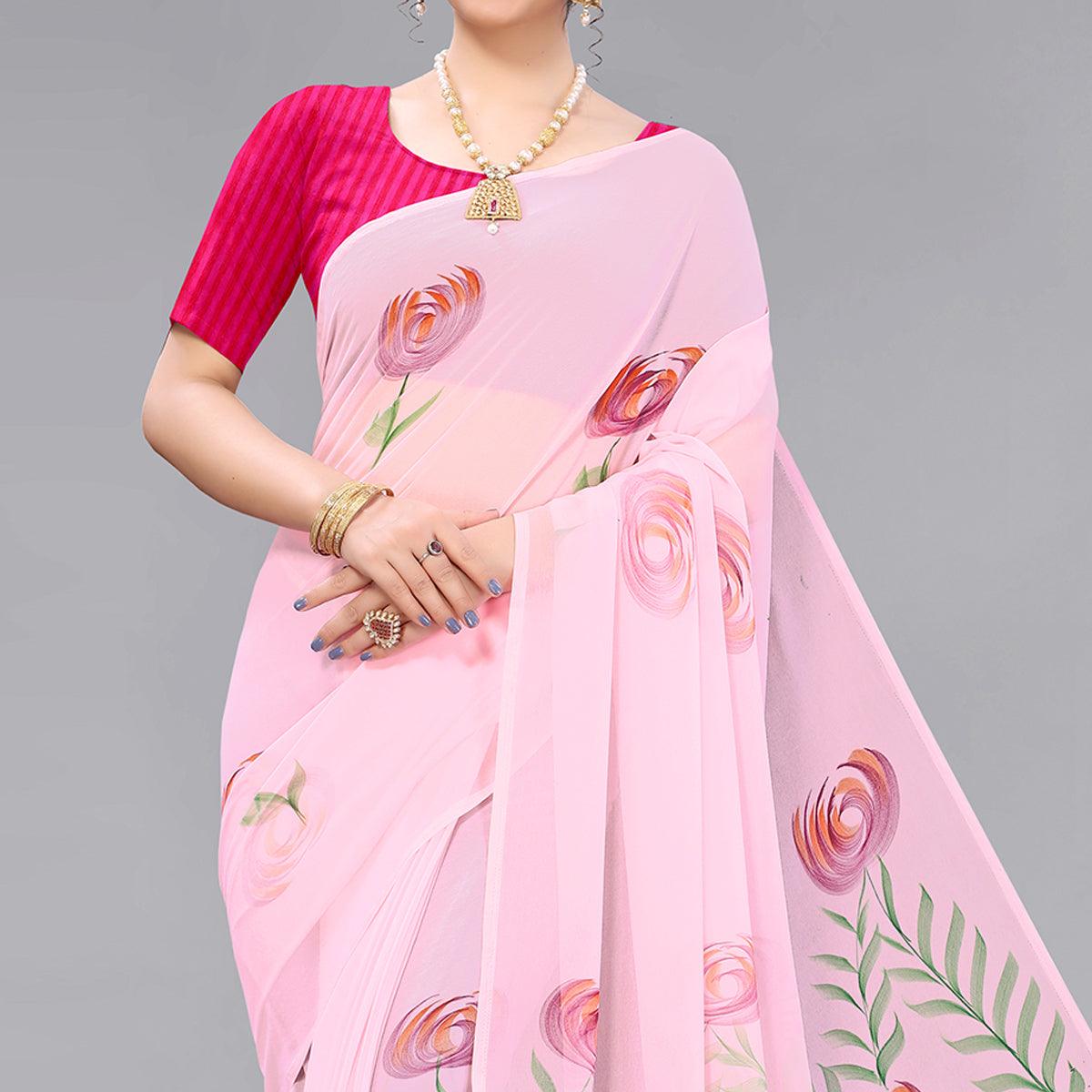 Pink Casual Wear Floral Hand Printed Georgette Saree - Peachmode