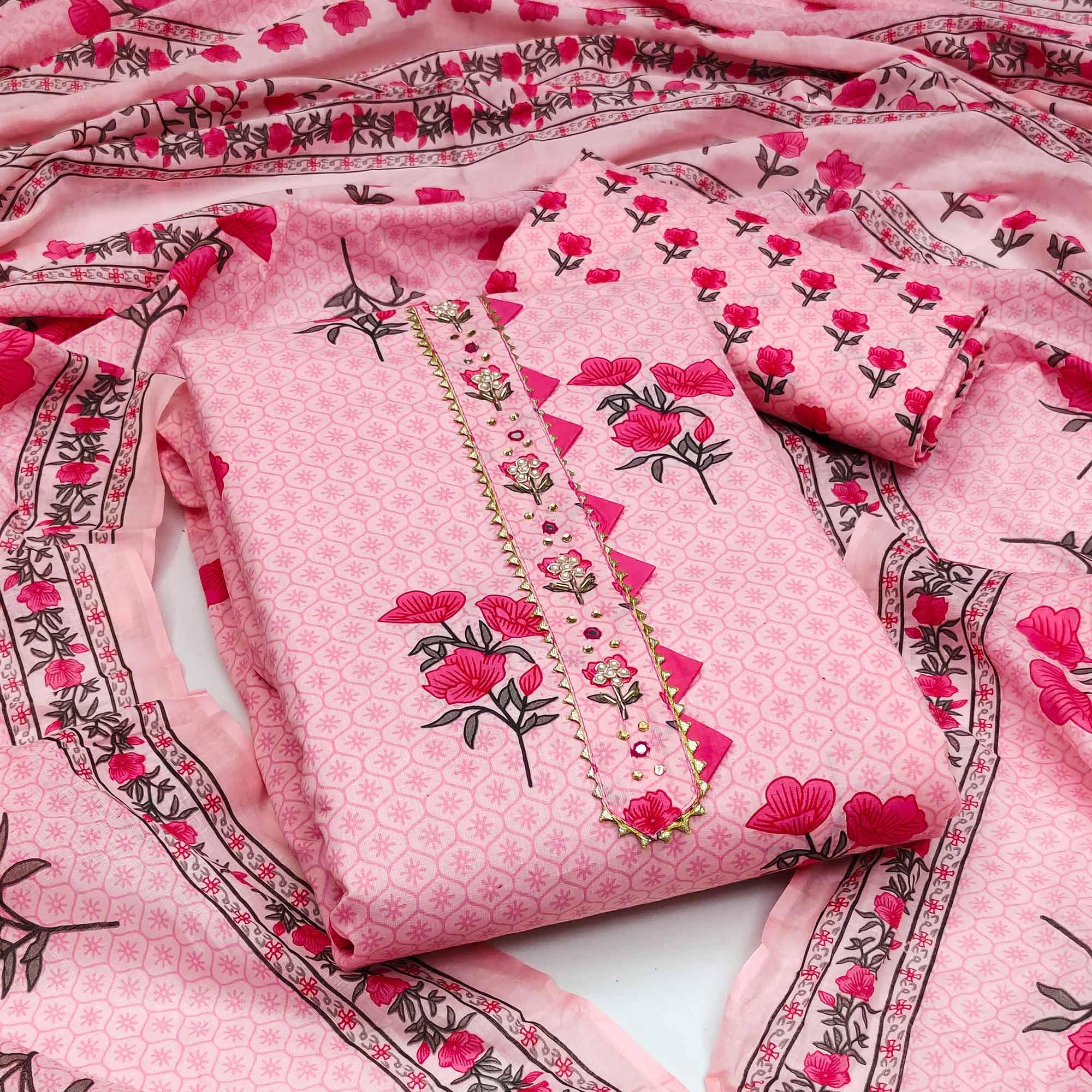 Pink Casual Wear Floral Print With Embellished Cotton Dress Material - Peachmode