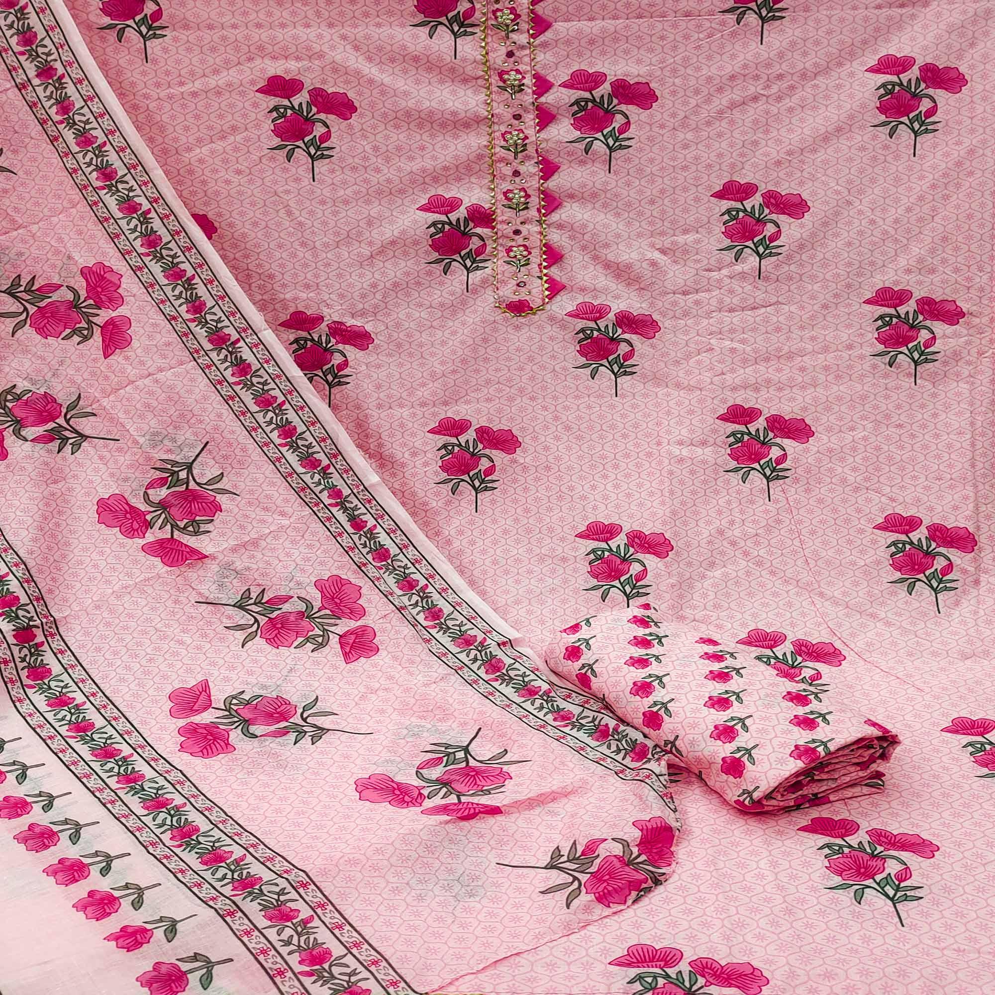 Pink Casual Wear Floral Print With Embellished Cotton Dress Material - Peachmode