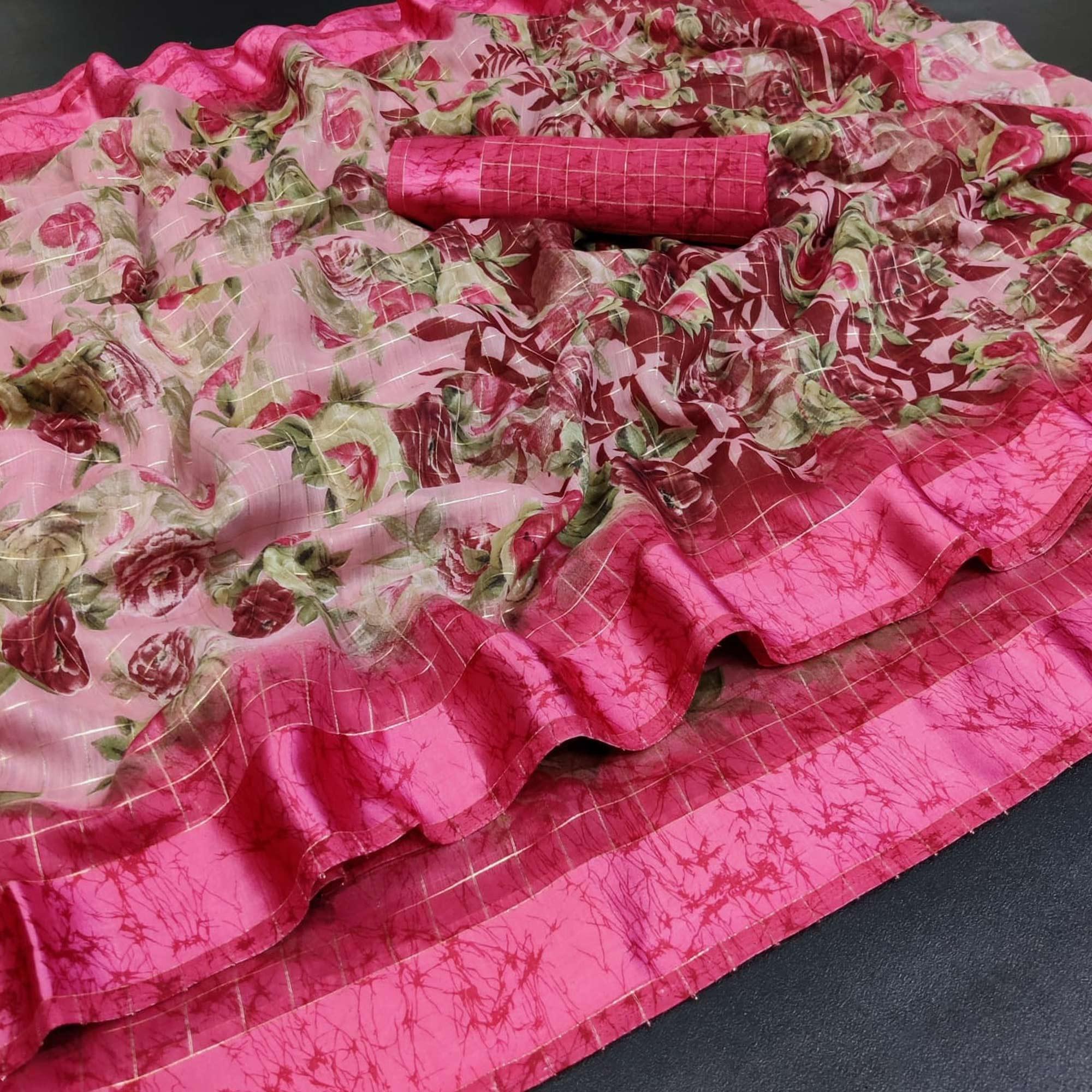 Pink Casual Wear Floral Print With Zari Checks Cotton Saree - Peachmode