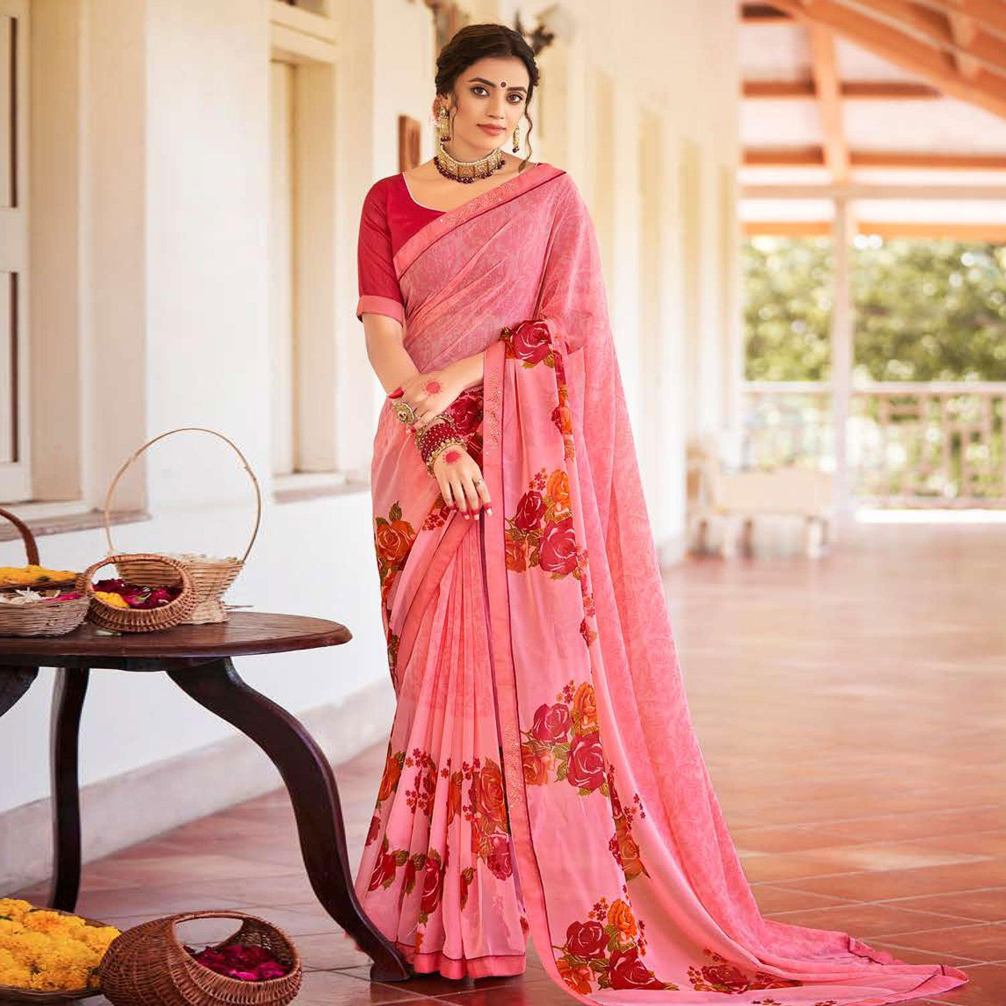 Pink Casual Wear Floral Printed Chiffon Saree - Peachmode