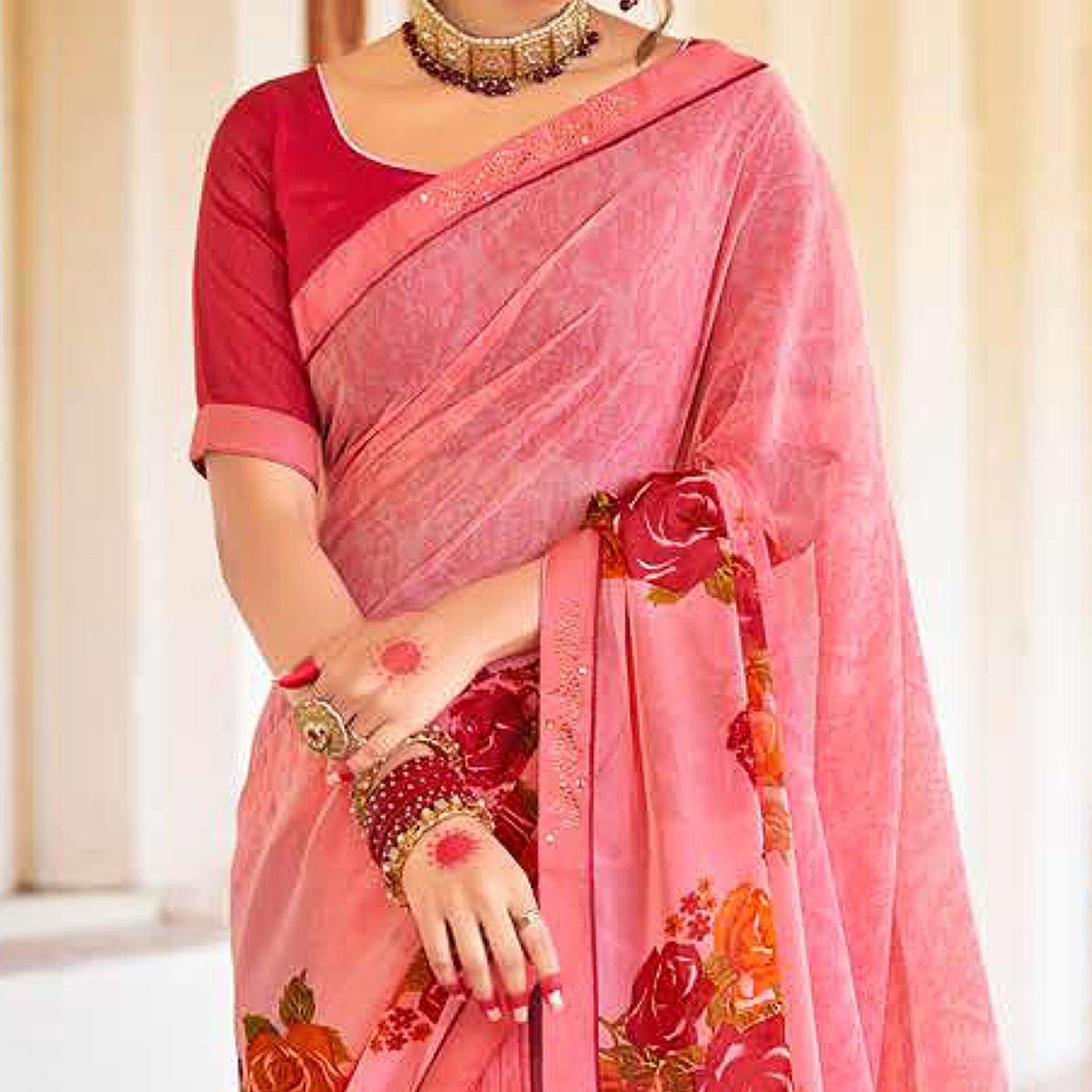 Pink Casual Wear Floral Printed Chiffon Saree - Peachmode