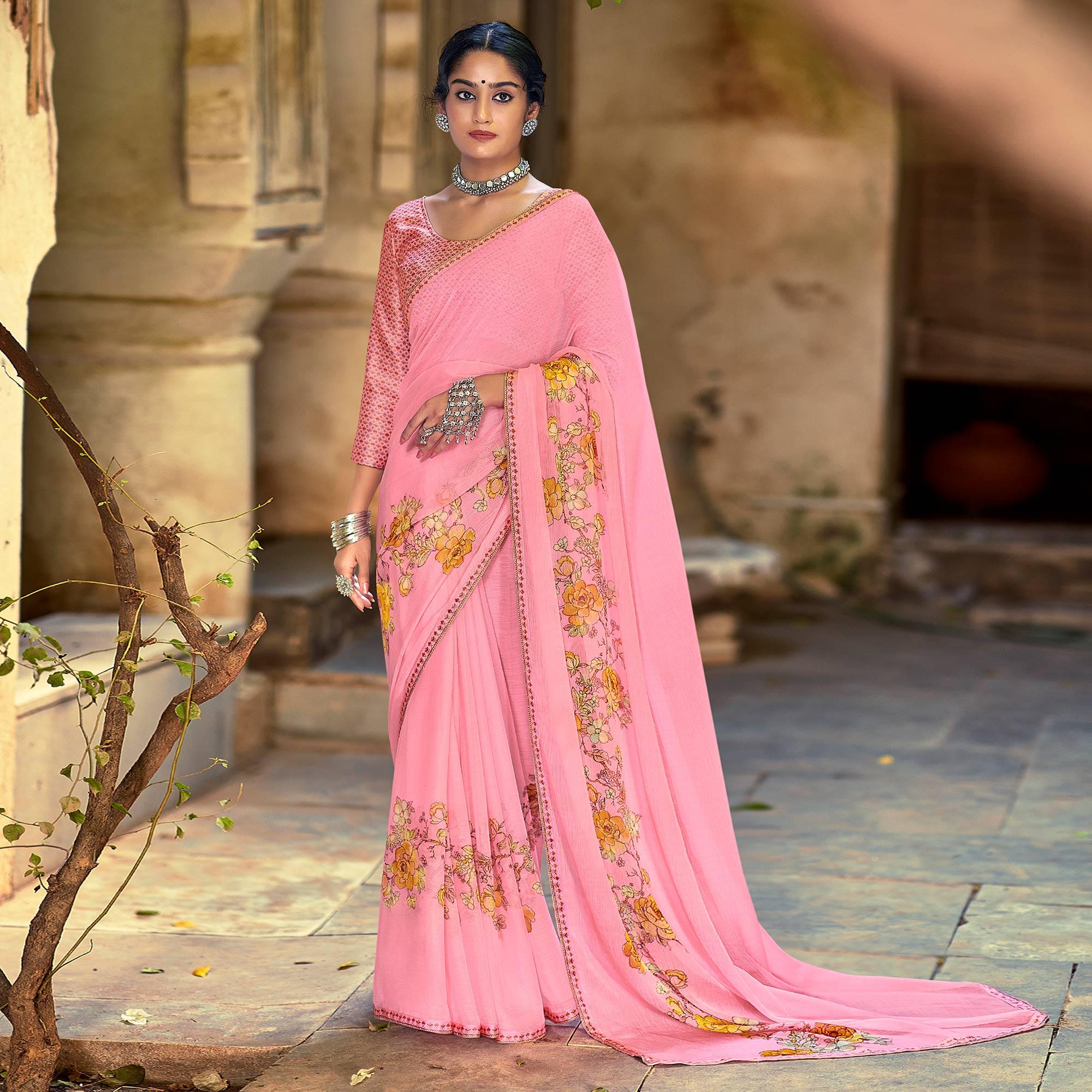 Pink Casual Wear Floral Printed Chiffon Saree With Fancy Blouse - Peachmode