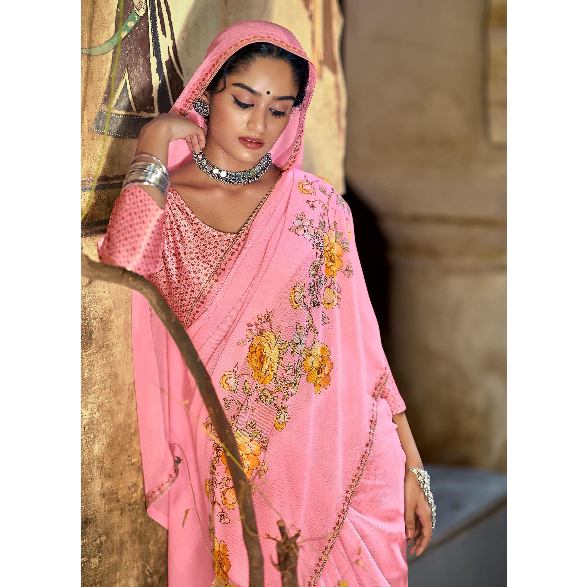 Pink Casual Wear Floral Printed Chiffon Saree With Fancy Blouse - Peachmode