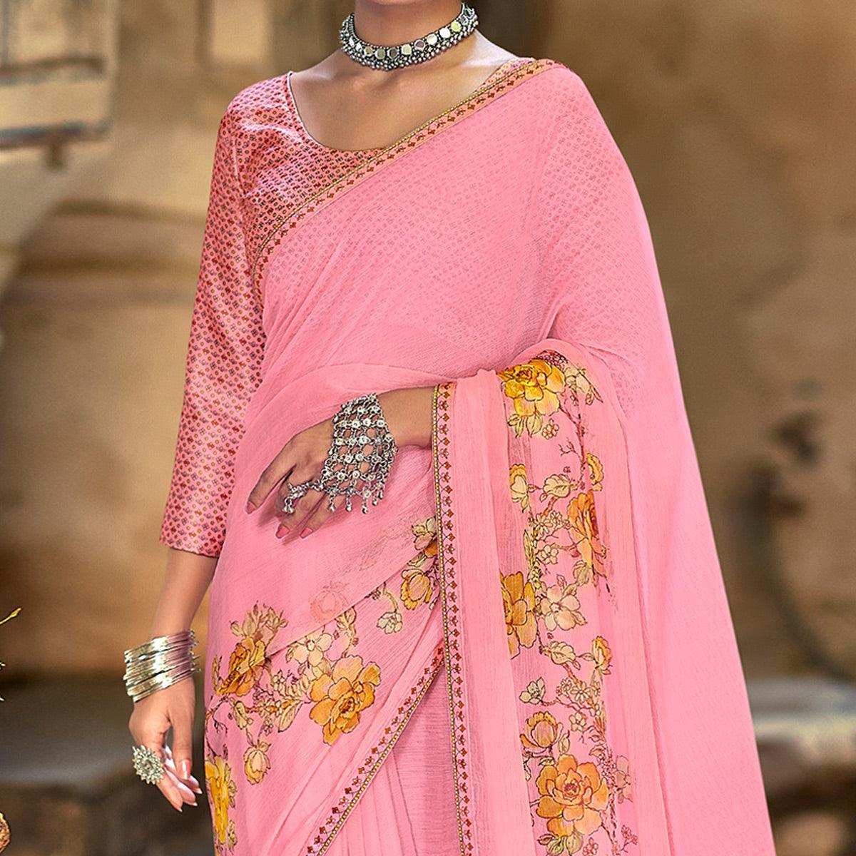 Pink Casual Wear Floral Printed Chiffon Saree With Fancy Blouse - Peachmode