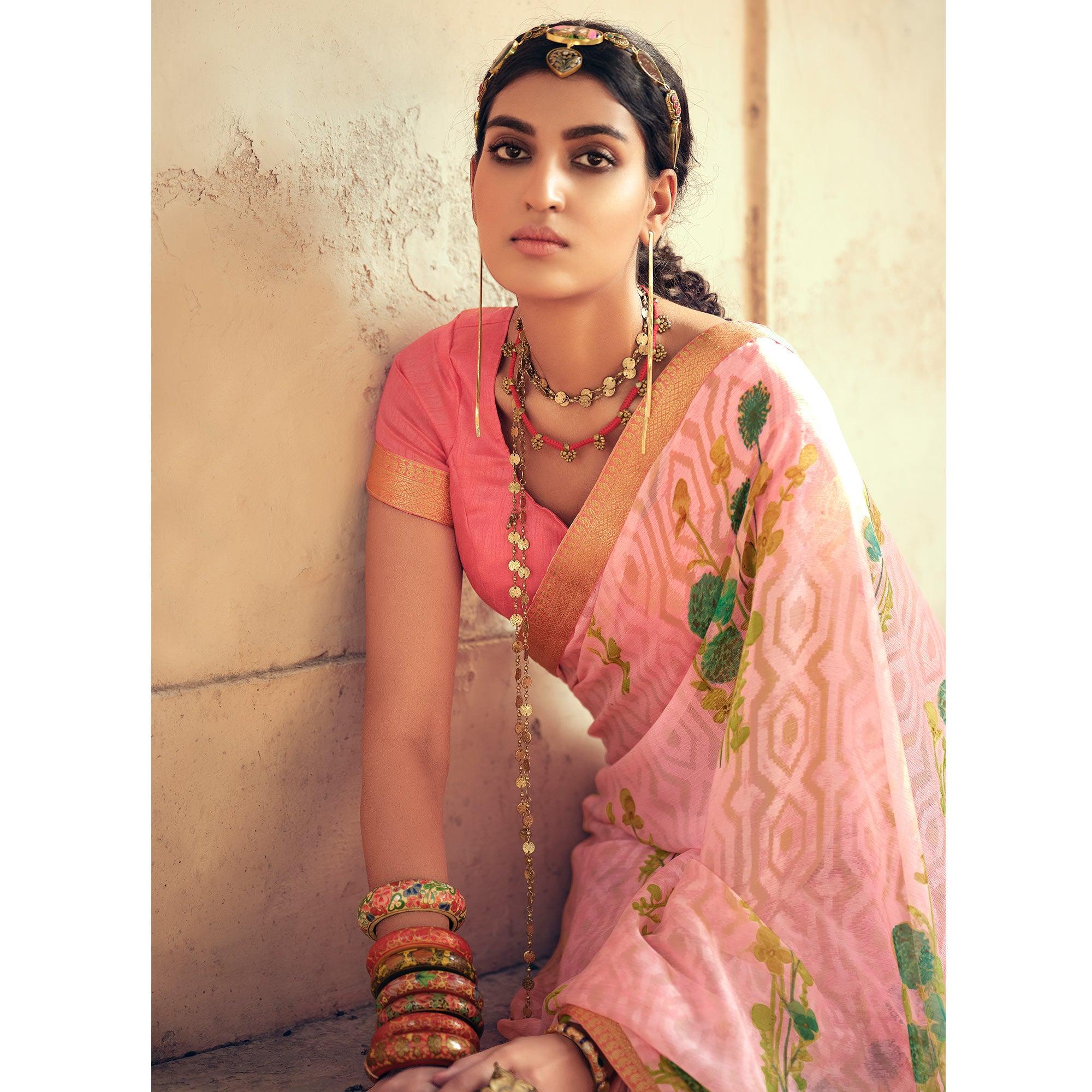 Pink Casual Wear Floral Printed Chiffon Saree With Fancy Lace - Peachmode
