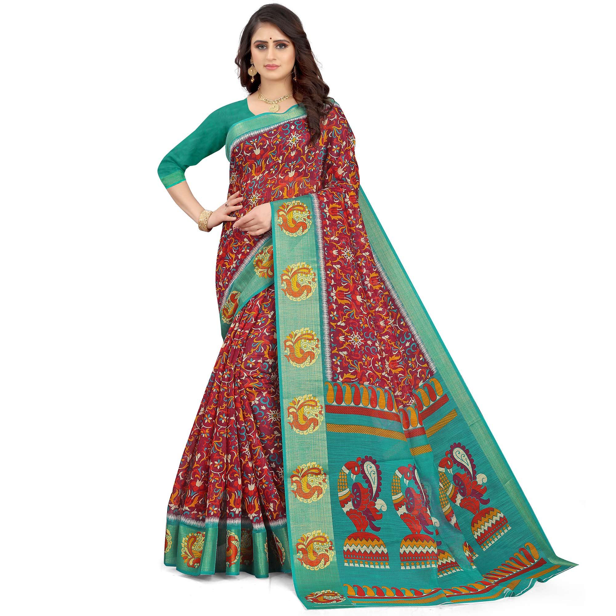 Pink Casual Wear Floral Printed Cotton Linen Saree - Peachmode