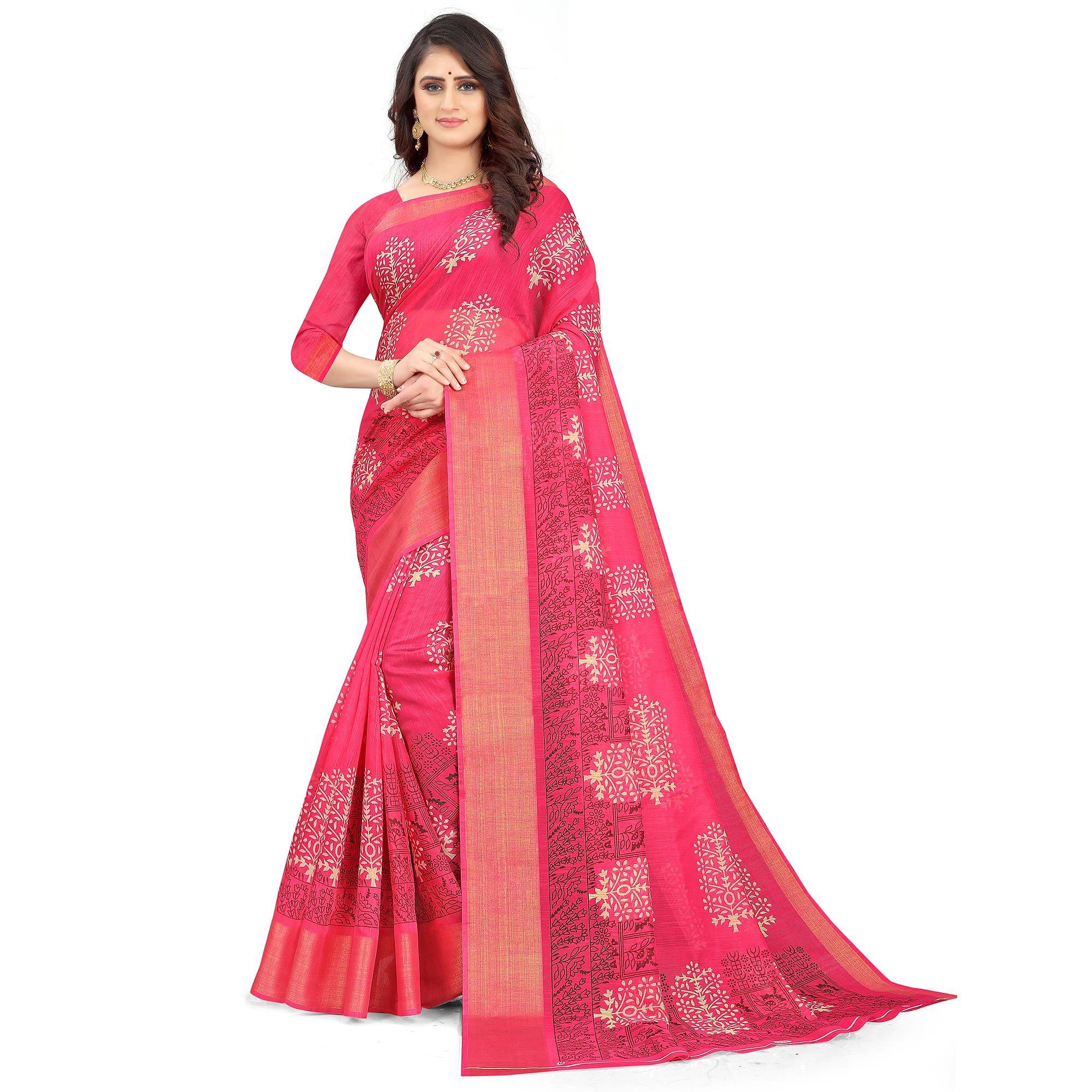 Pink Casual Wear Floral Printed Cotton Linen Saree - Peachmode