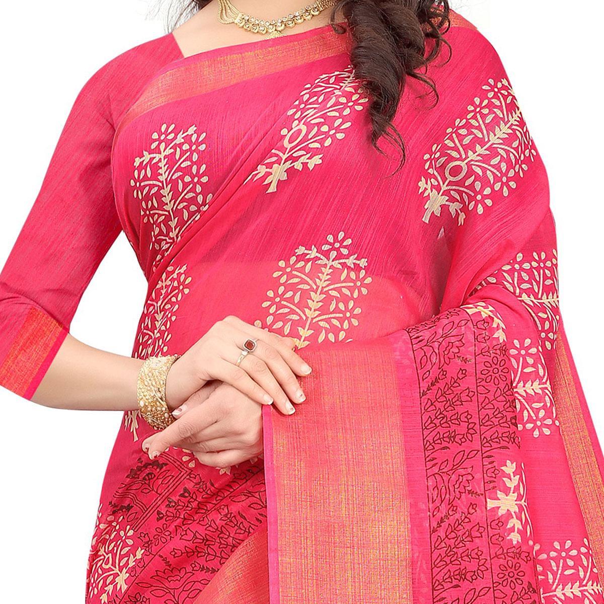 Pink Casual Wear Floral Printed Cotton Linen Saree - Peachmode