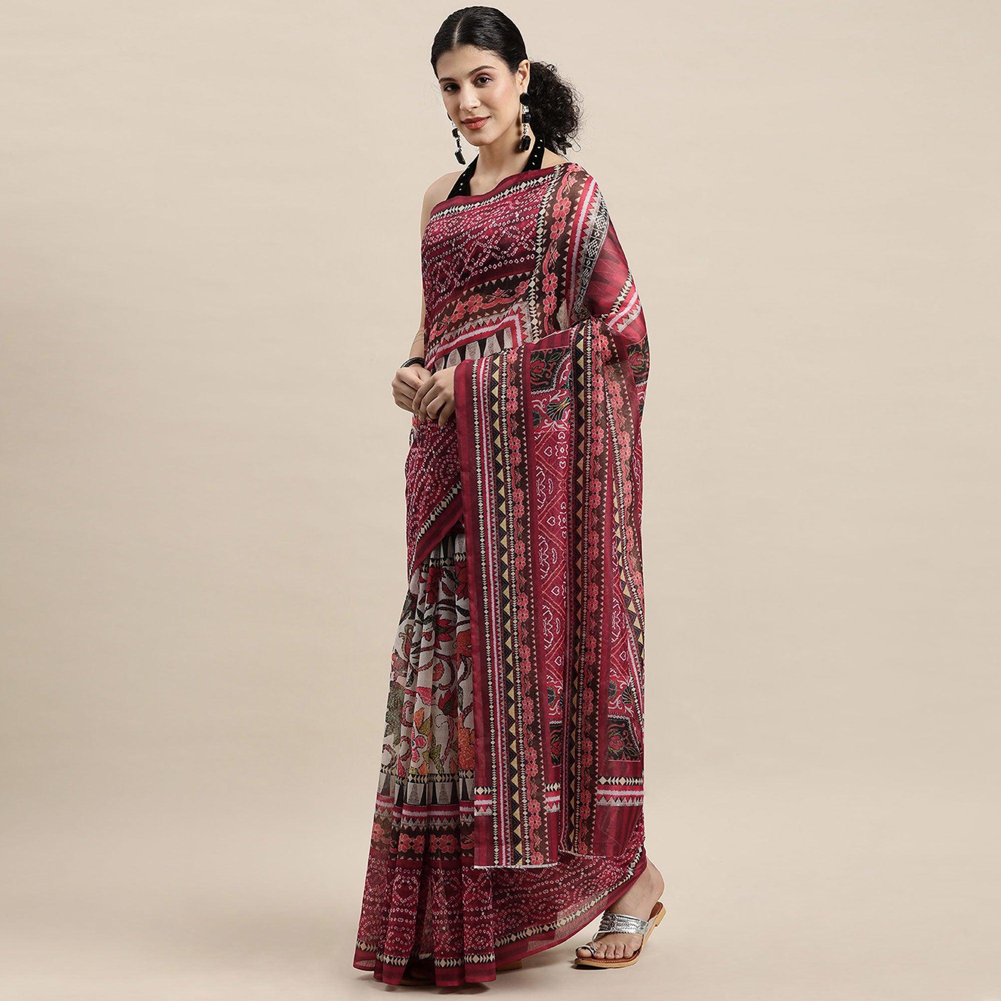 Pink Casual Wear Floral Printed Cotton Saree - Peachmode