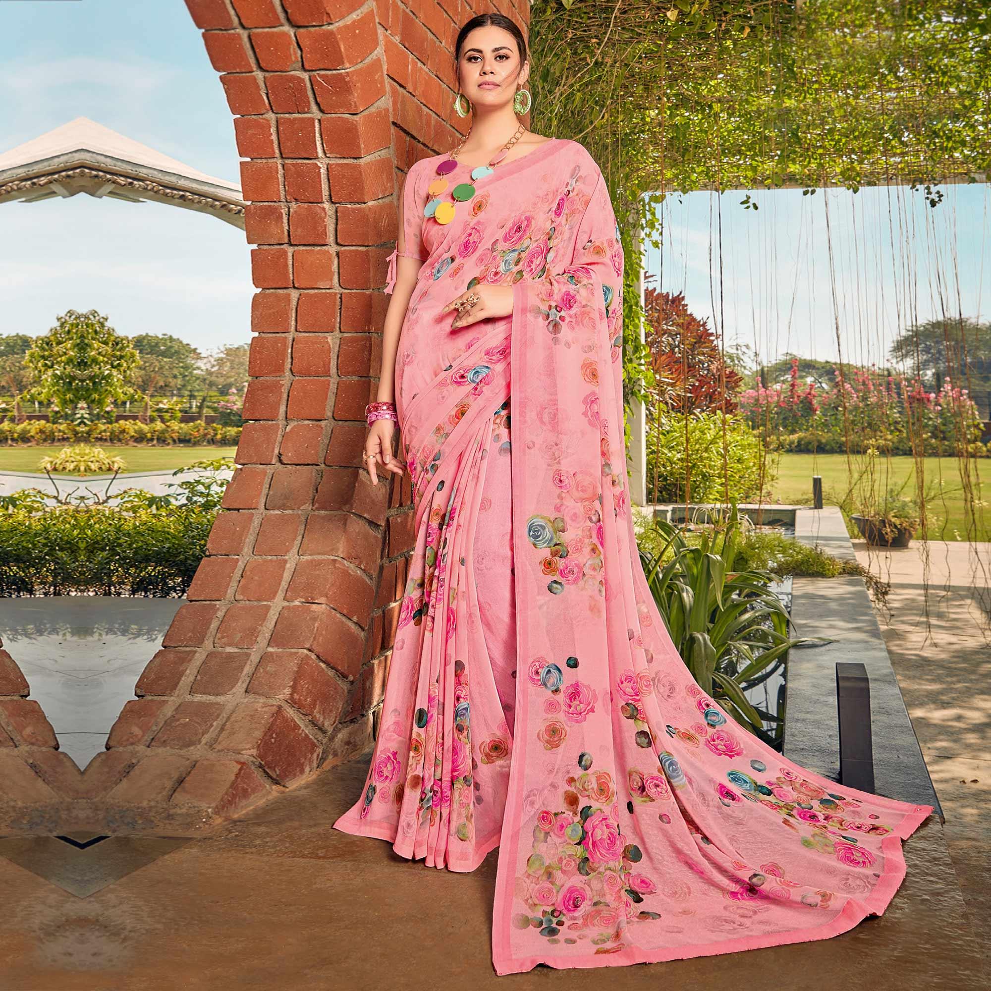 Pink Casual Wear Floral Printed Georgette Saree - Peachmode