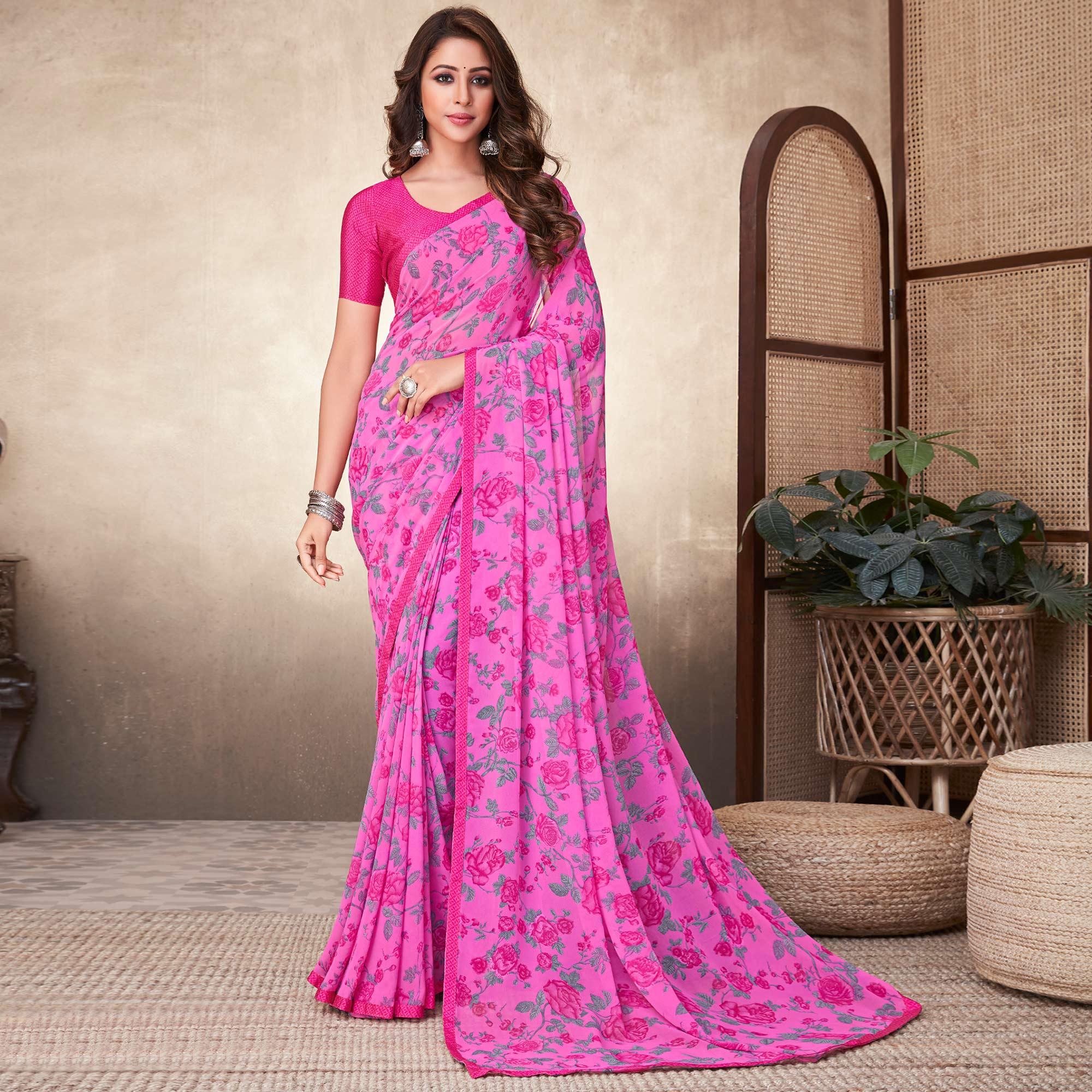 Pink Casual Wear Floral Printed Georgette Saree - Peachmode