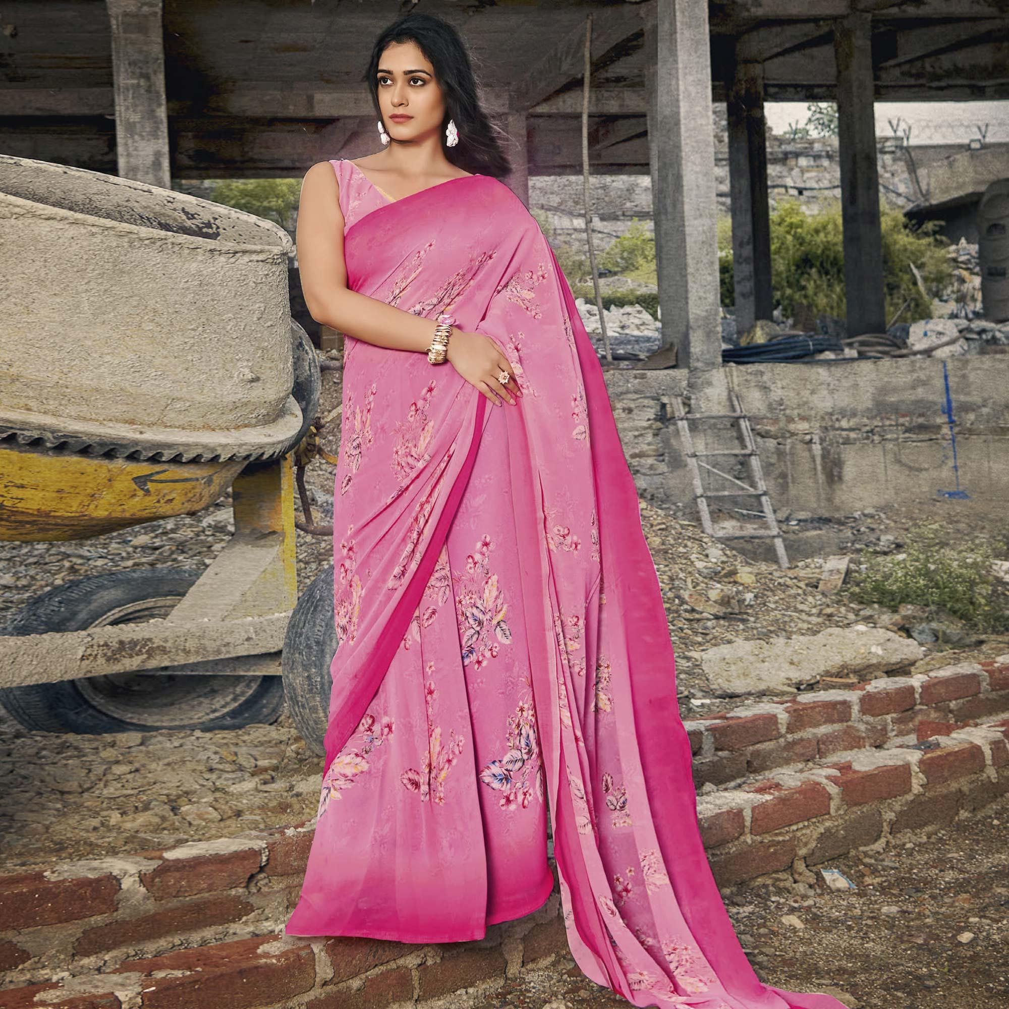 Pink Casual Wear Floral Printed Georgette Saree - Peachmode
