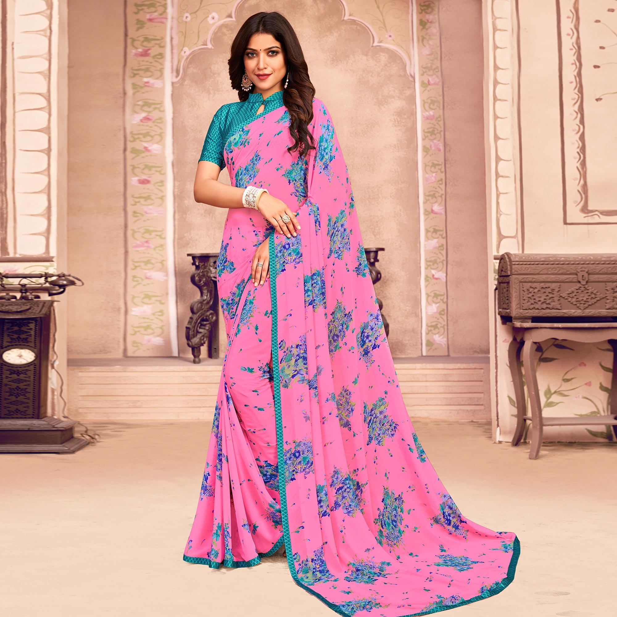 Pink Casual Wear Floral Printed Georgette Saree - Peachmode
