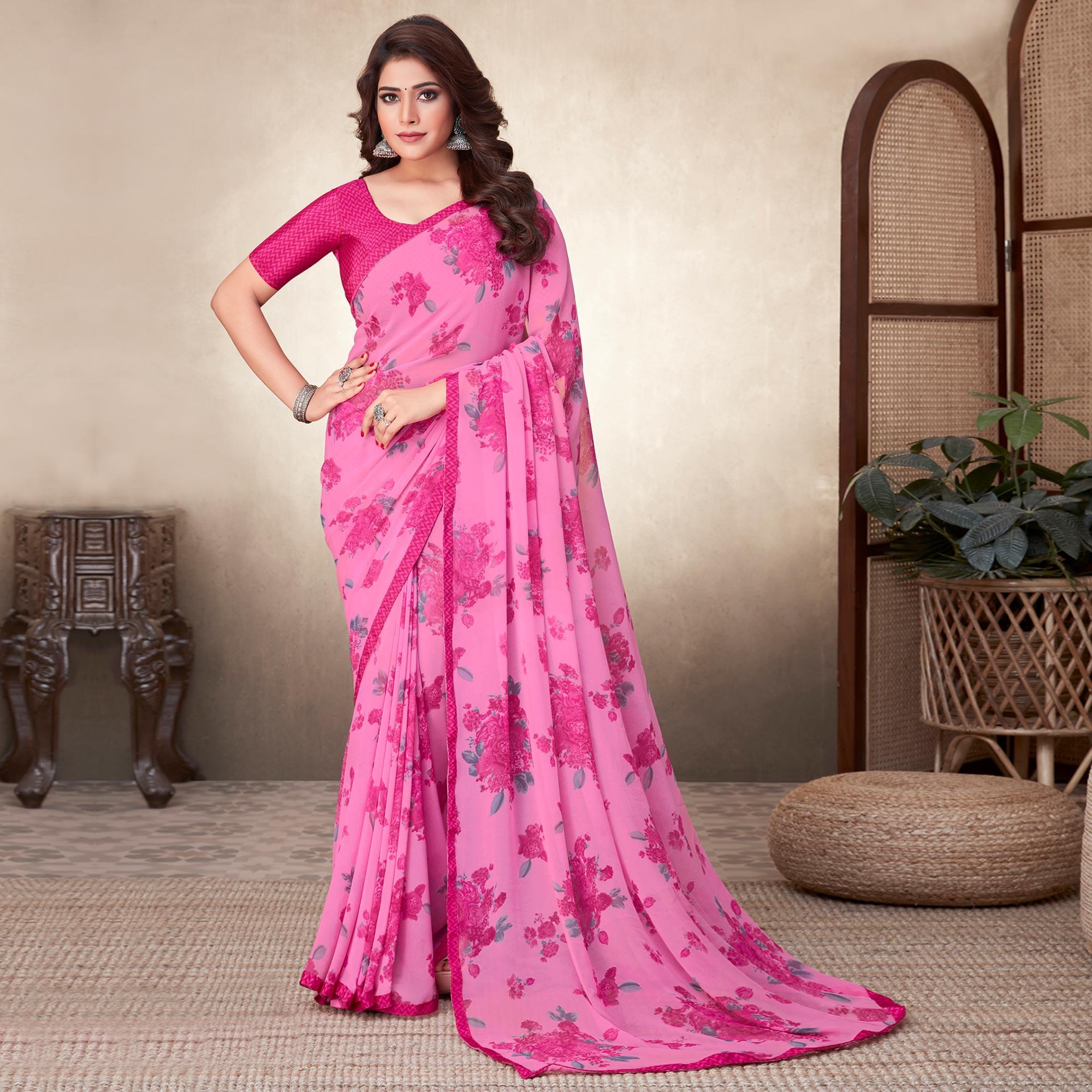 Pink Casual Wear Floral Printed Georgette Saree - Peachmode