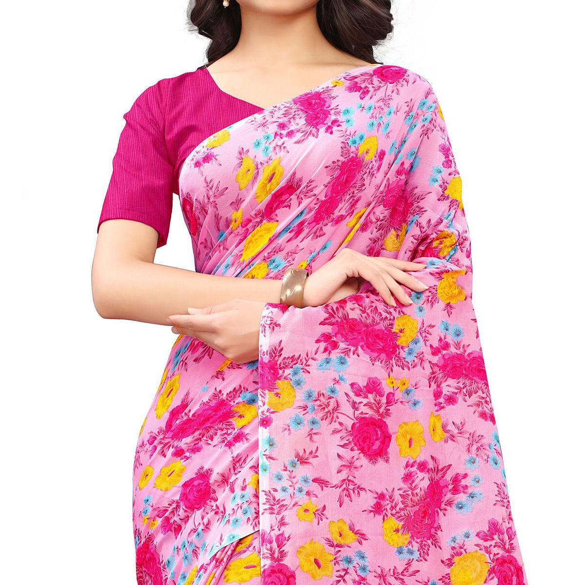 Pink Casual Wear Floral Printed Georgette Saree - Peachmode
