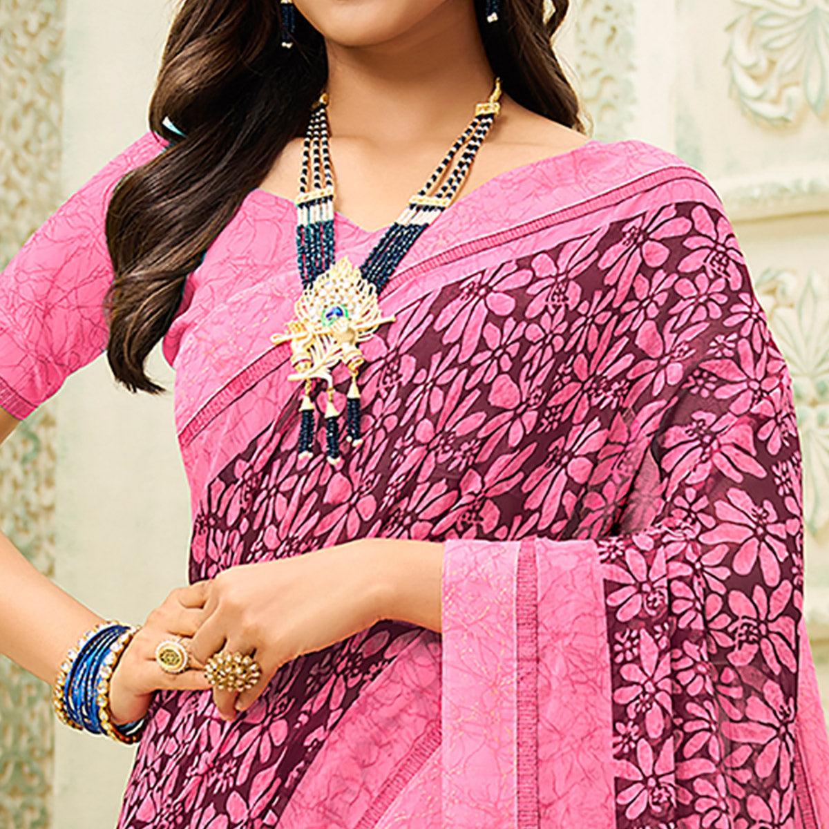 Pink Casual Wear Floral Printed Georgette Saree - Peachmode