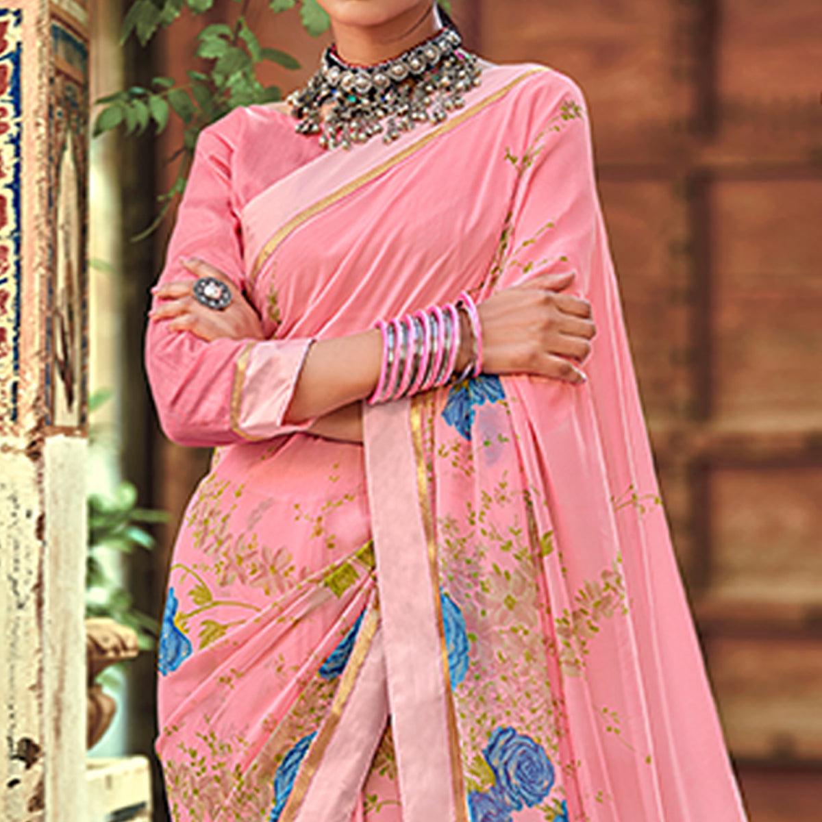 Pink Casual Wear Floral Printed Georgette Saree - Peachmode