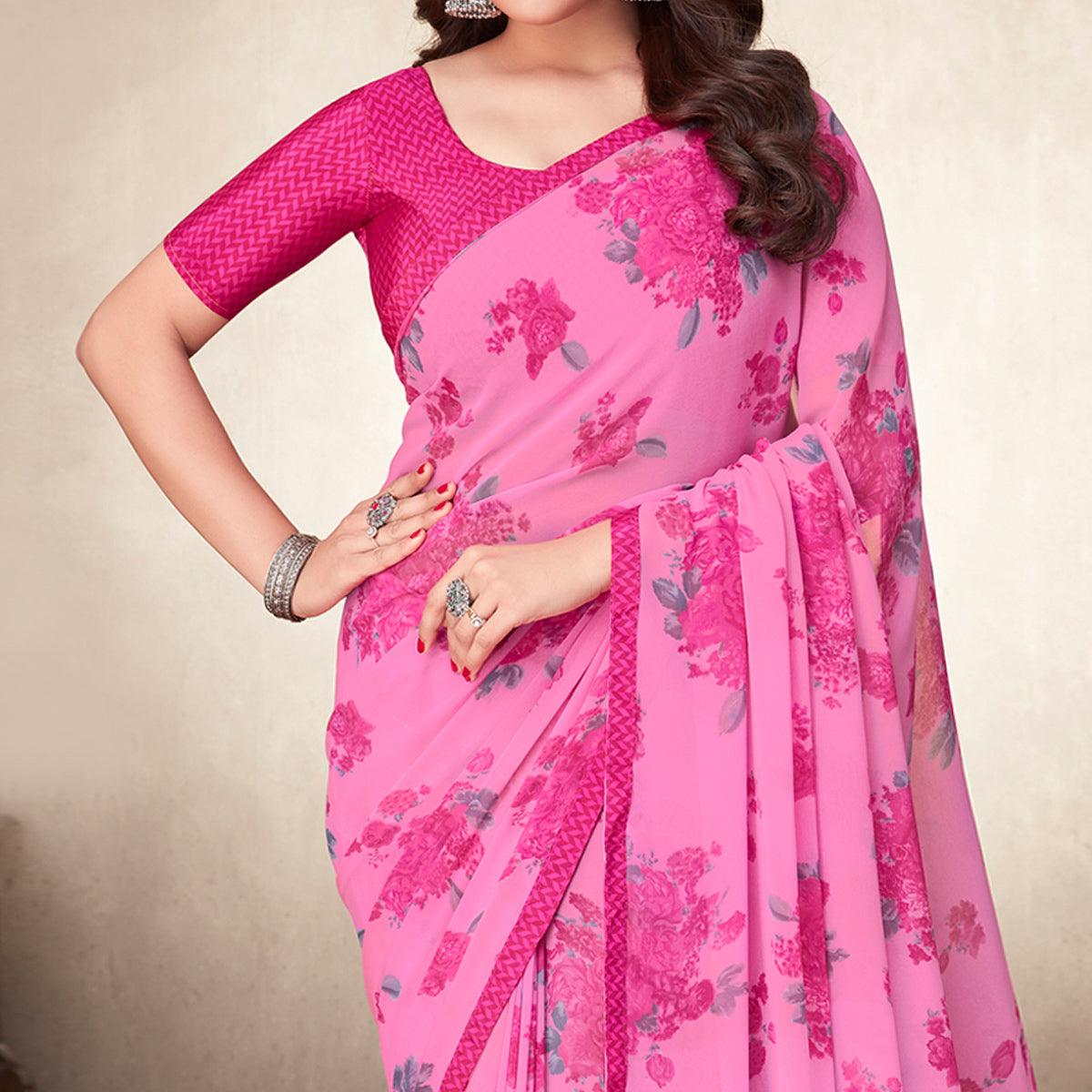 Pink Casual Wear Floral Printed Georgette Saree - Peachmode